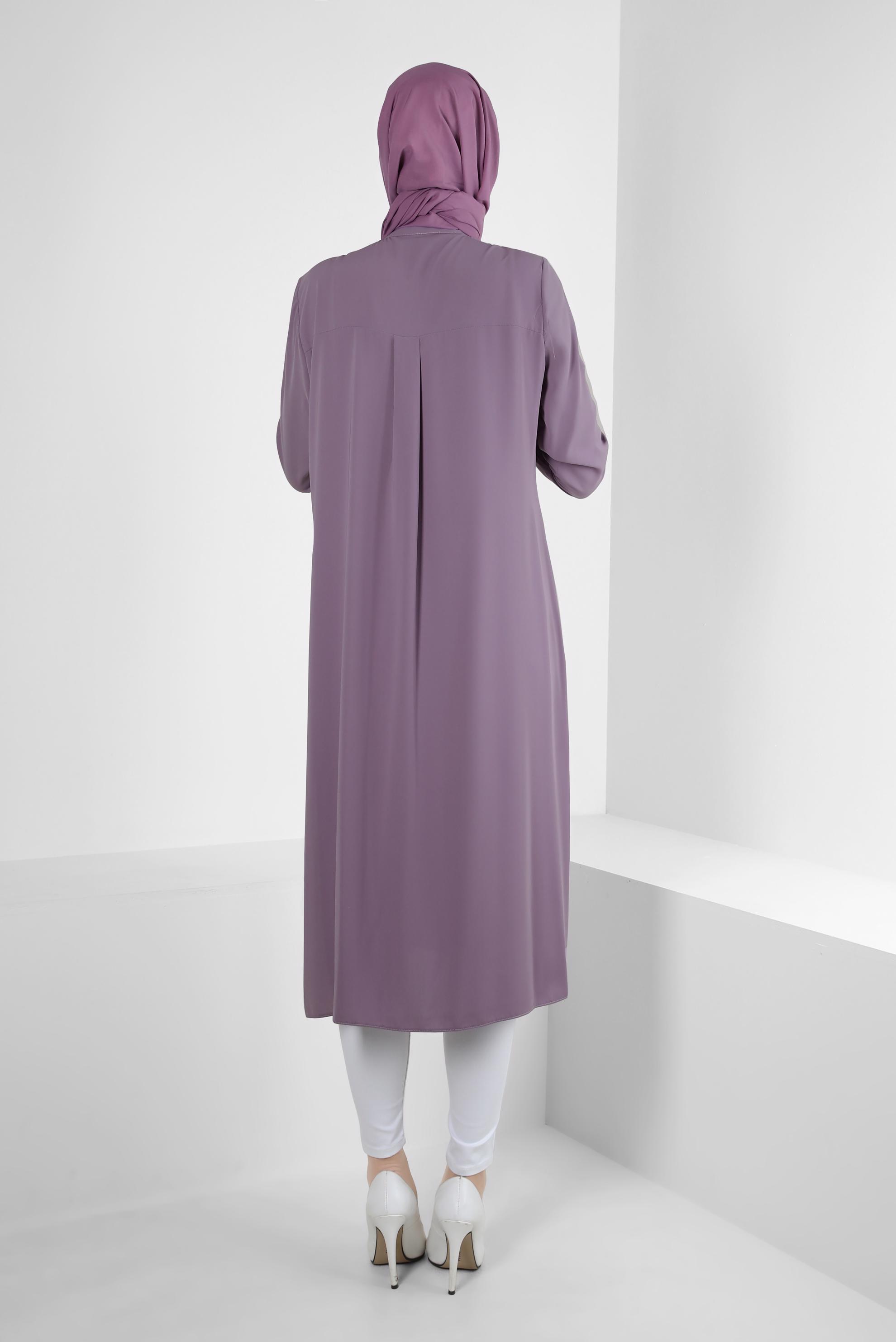 Tesettür giyim MOR TAŞ İŞLEMELİ YANI YIRTMAÇLI UZUN TUNİK 43521