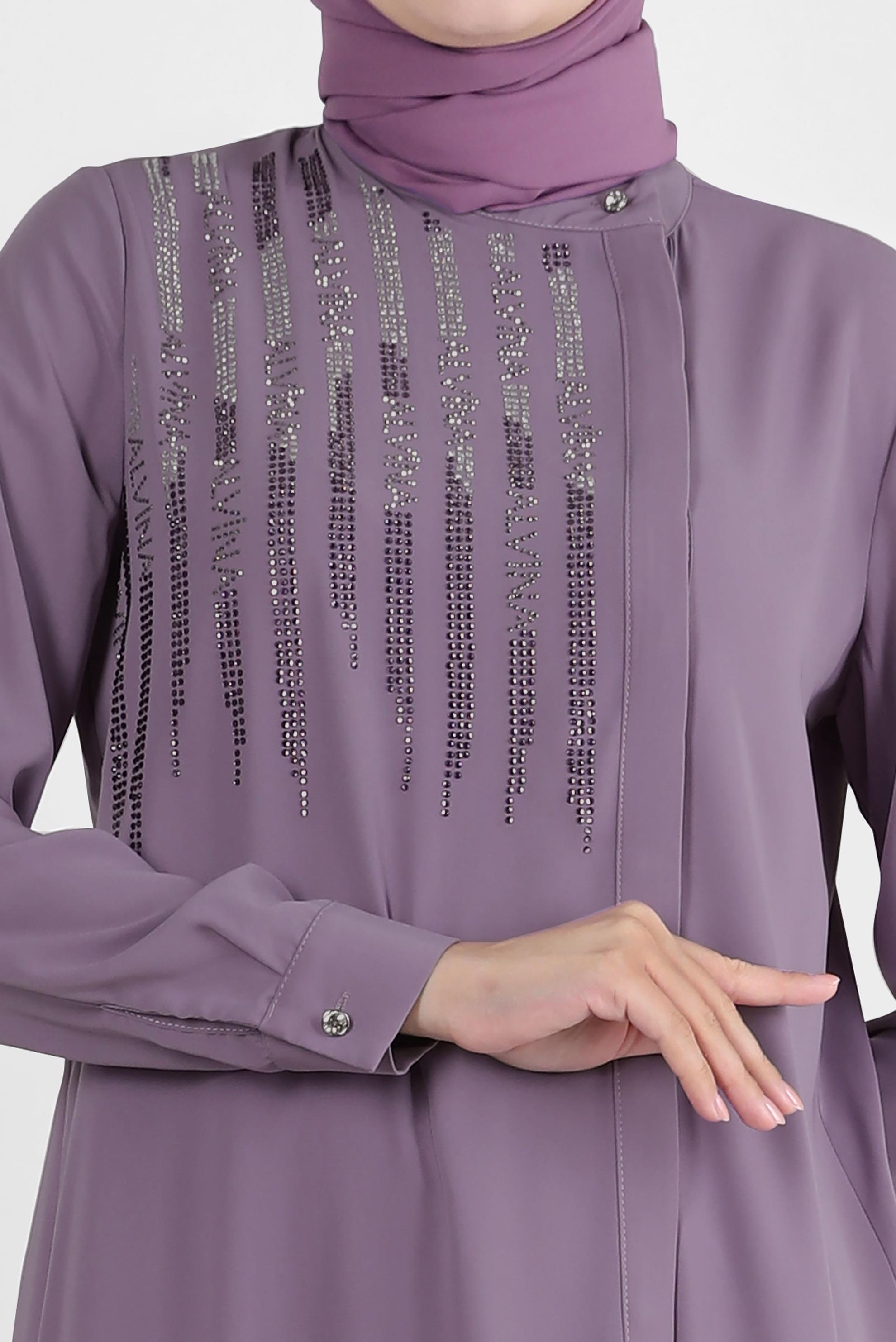 Tesettür giyim MOR TAŞ İŞLEMELİ YANI YIRTMAÇLI UZUN TUNİK 43521