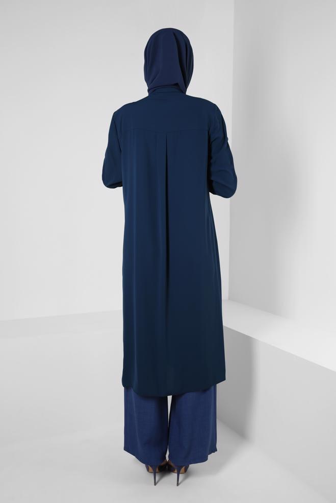 Tesettür giyim LACİVERT TAŞ İŞLEMELİ YANI YIRTMAÇLI UZUN TUNİK 43521 - ALVİNA