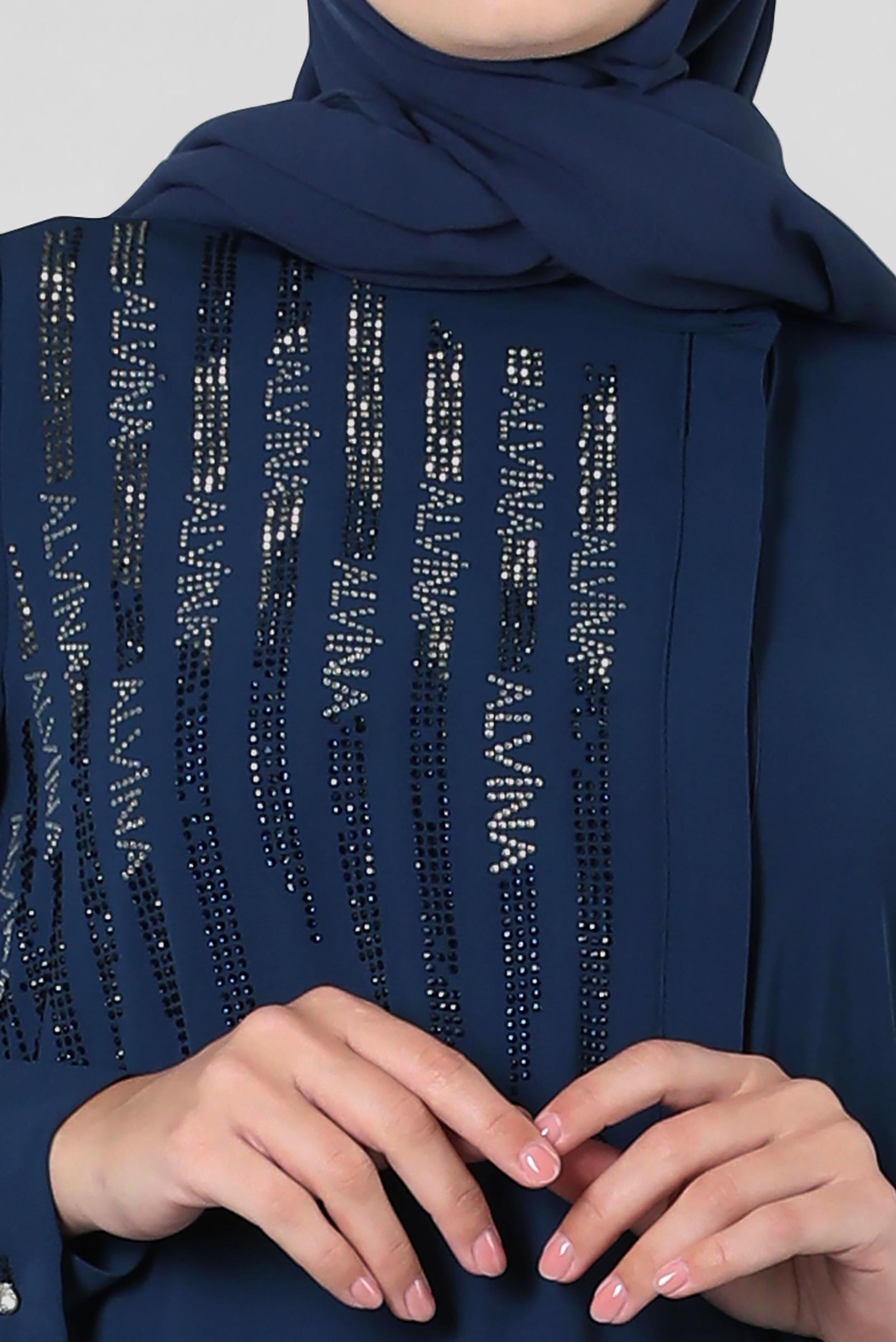 Tesettür giyim LACİVERT TAŞ İŞLEMELİ YANI YIRTMAÇLI UZUN TUNİK 43521