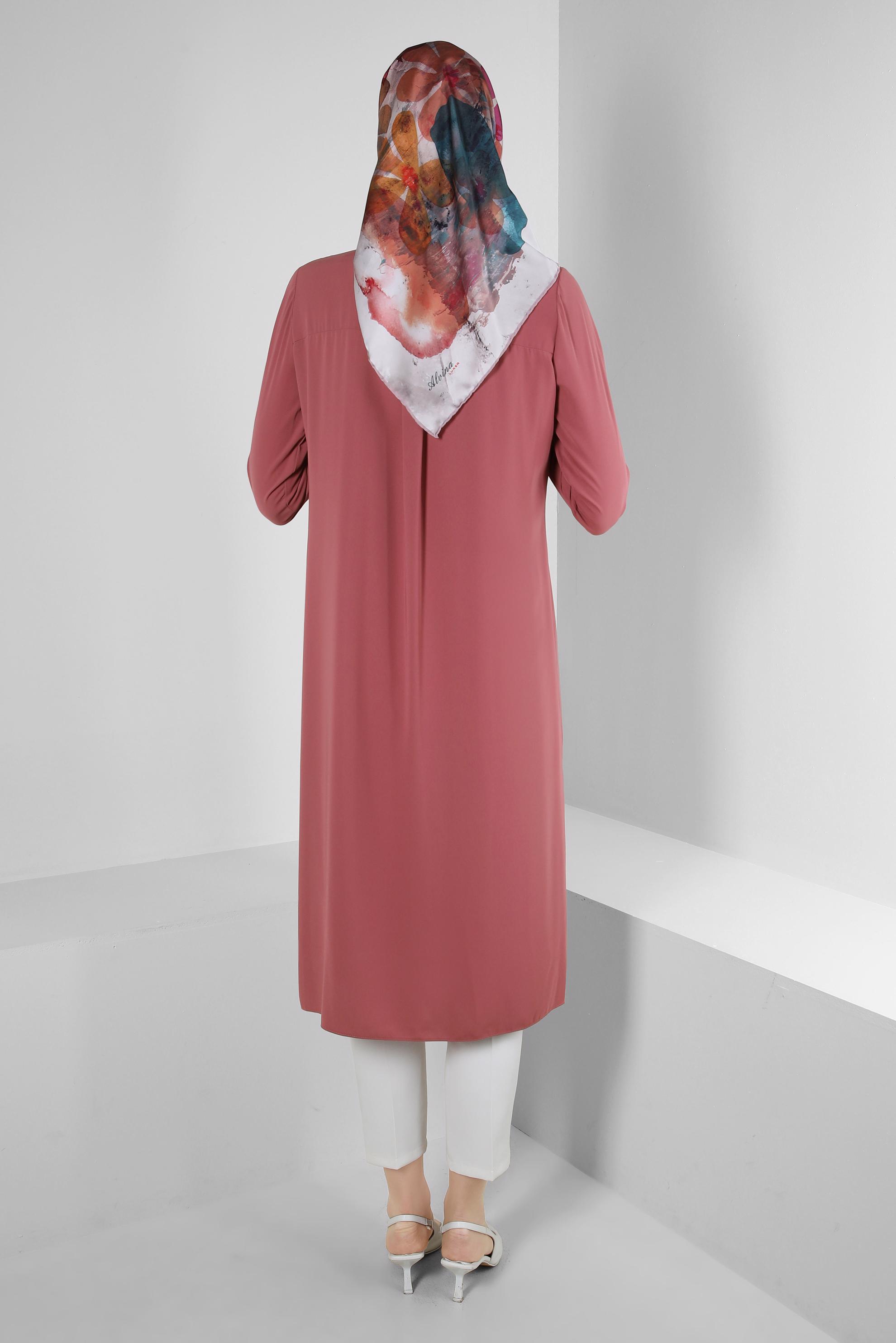 Tesettür giyim PEMBE TAŞ İŞLEMELİ YANI YIRTMAÇLI UZUN TUNİK 43521