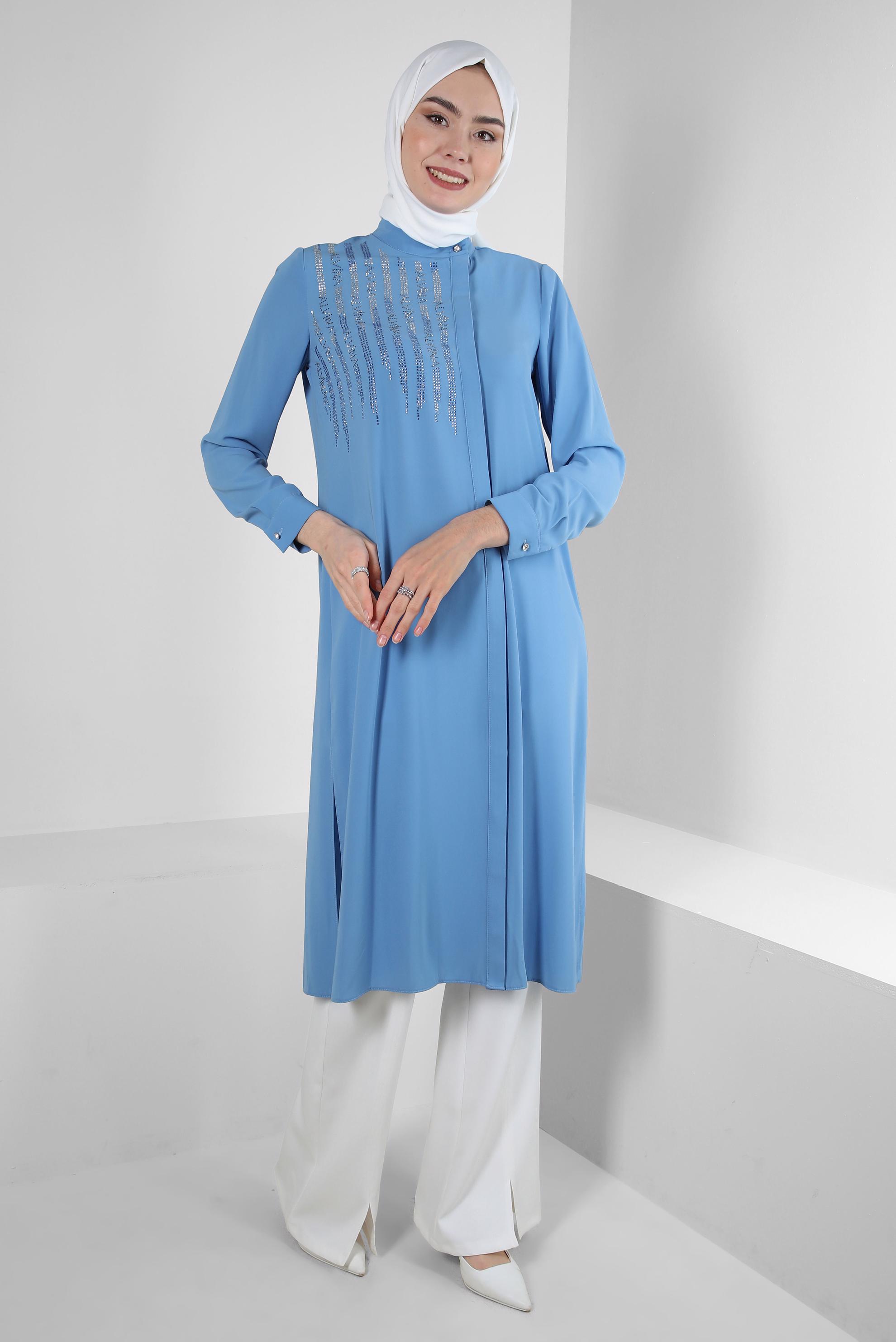 Tesettür giyim MAVİ TAŞ İŞLEMELİ YANI YIRTMAÇLI UZUN TUNİK 43521