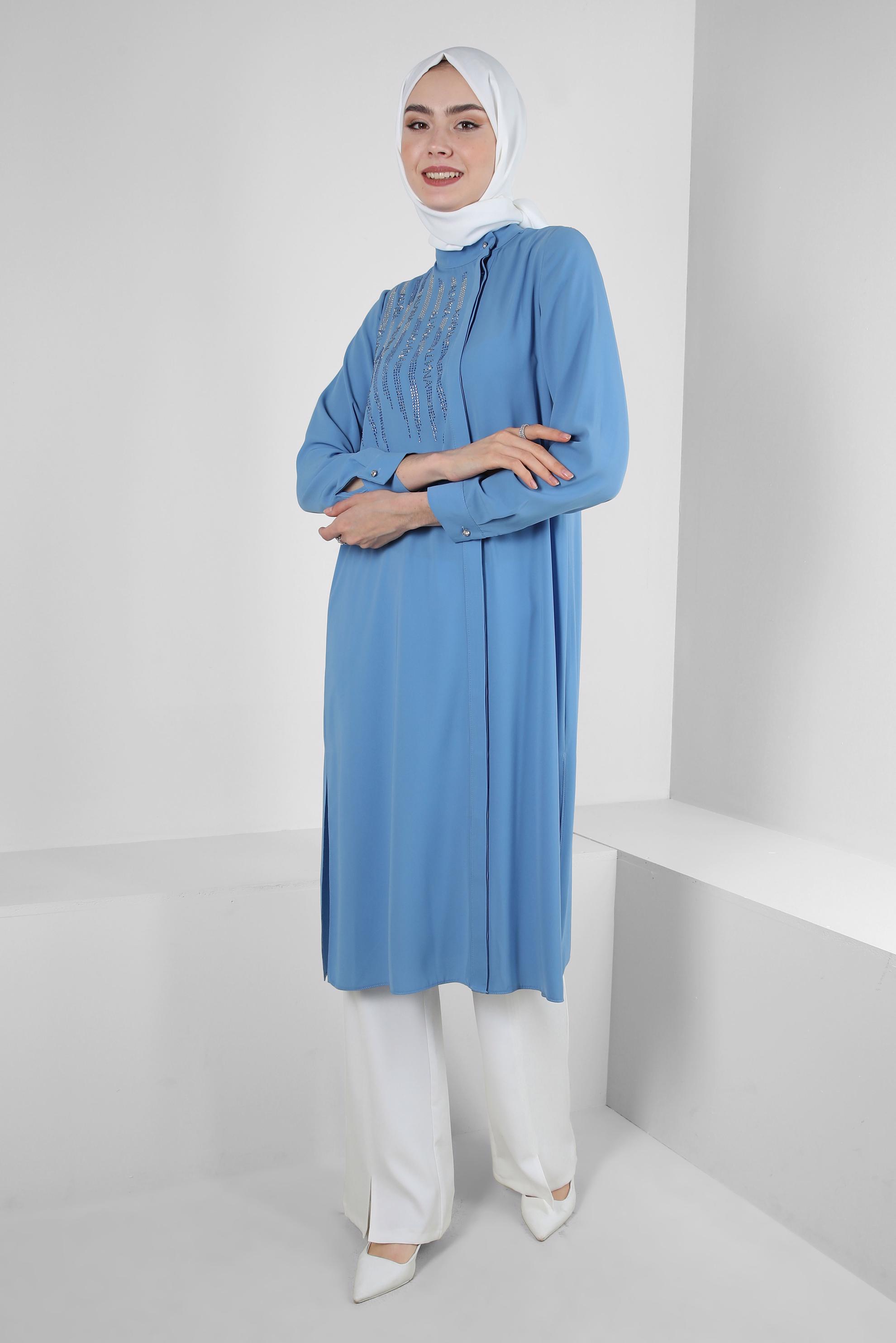 Tesettür giyim MAVİ TAŞ İŞLEMELİ YANI YIRTMAÇLI UZUN TUNİK 43521