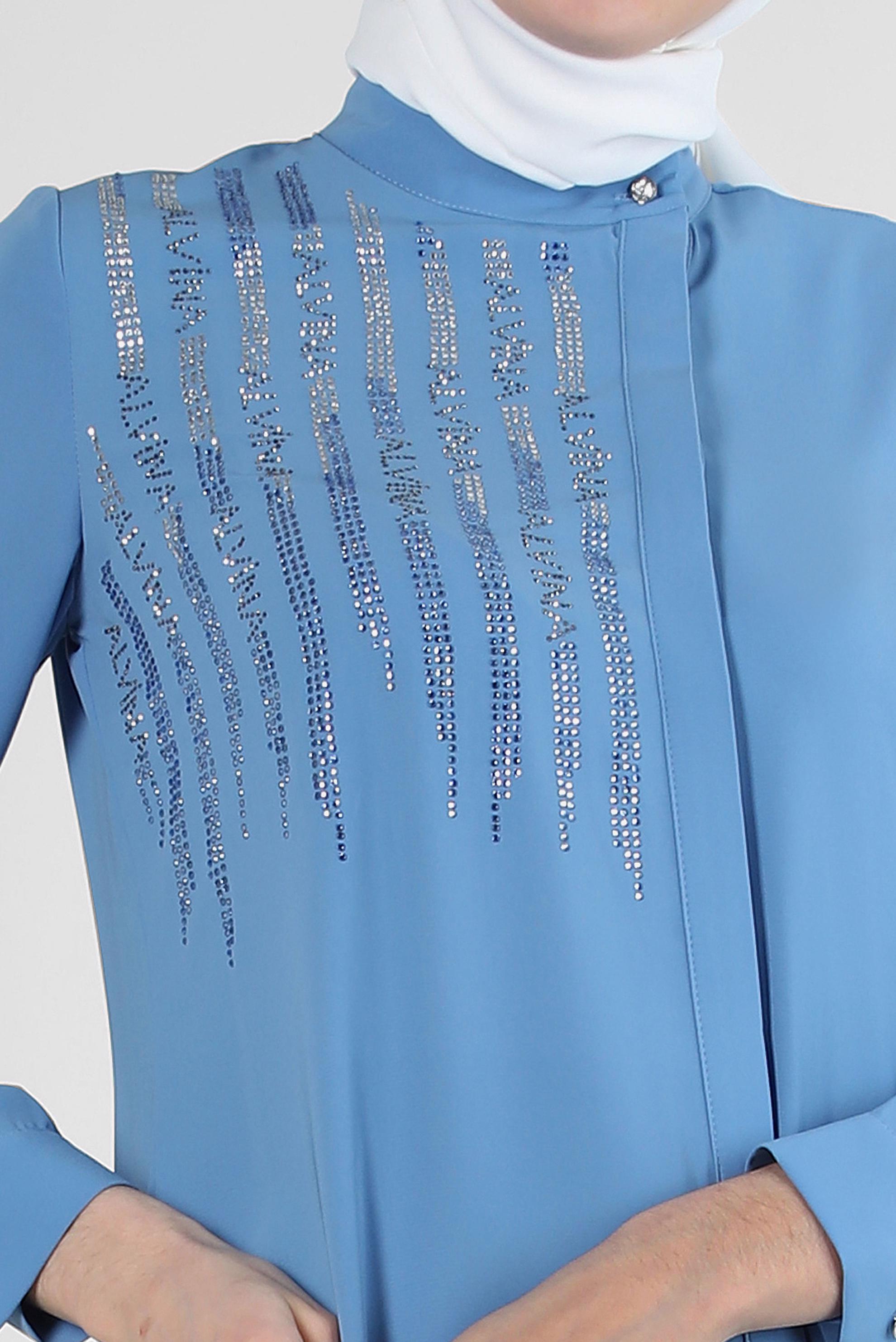 Tesettür giyim MAVİ TAŞ İŞLEMELİ YANI YIRTMAÇLI UZUN TUNİK 43521