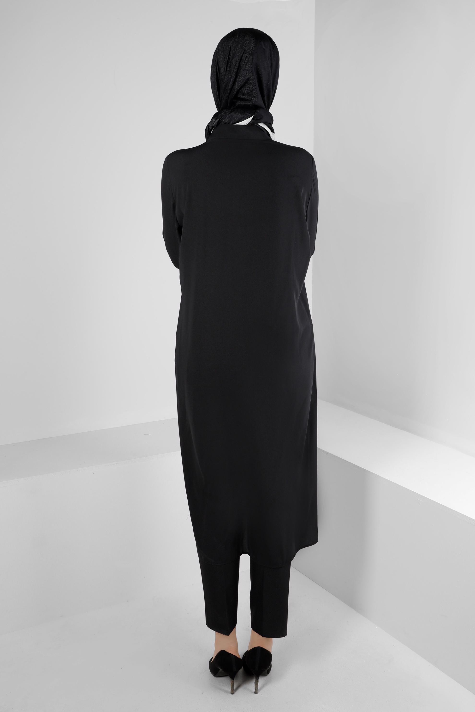 Tesettür giyim SİYAH TAŞ BASKILI DÜĞMELİ UZUN TUNİK 43522