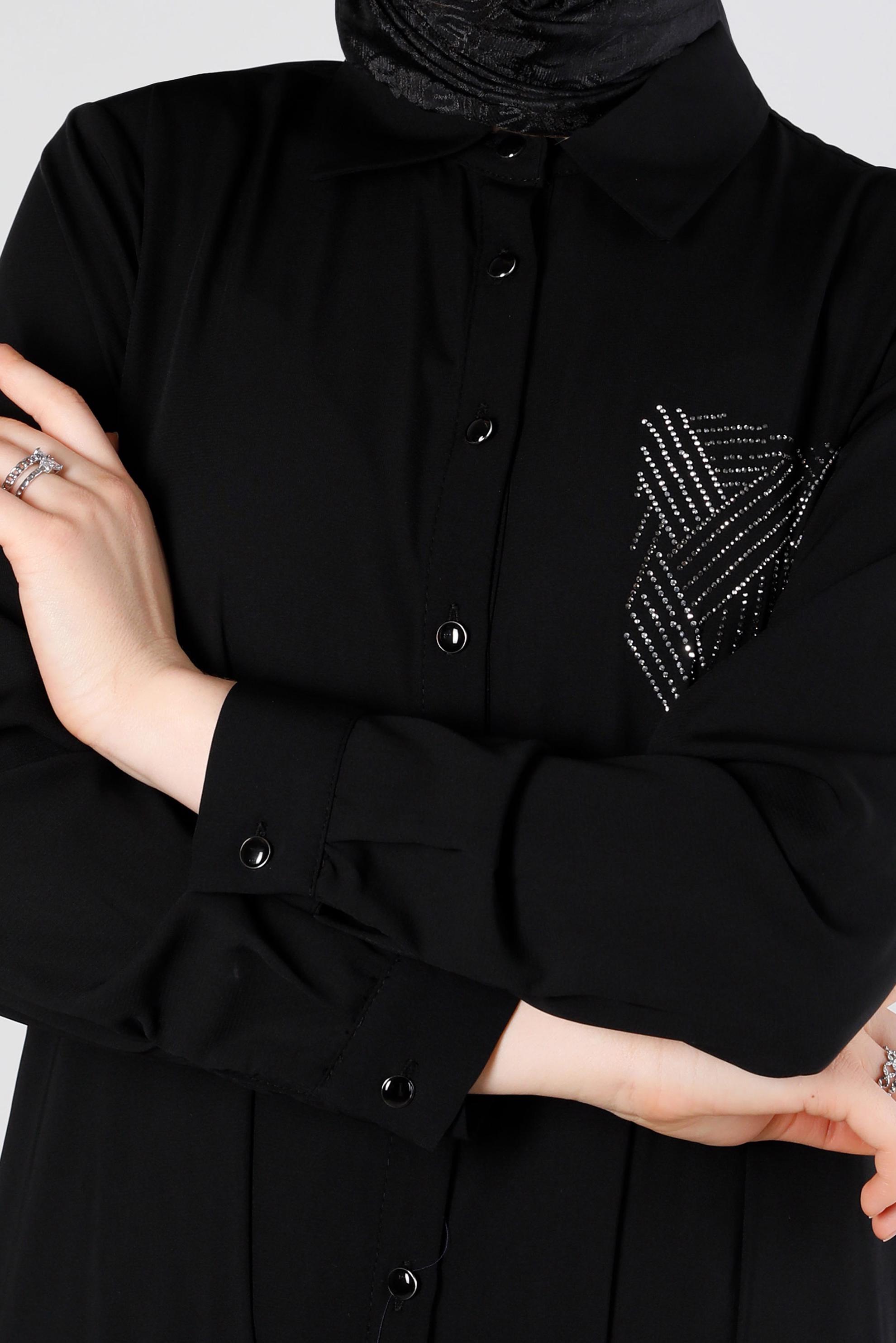 Tesettür giyim SİYAH TAŞ BASKILI DÜĞMELİ UZUN TUNİK 43522