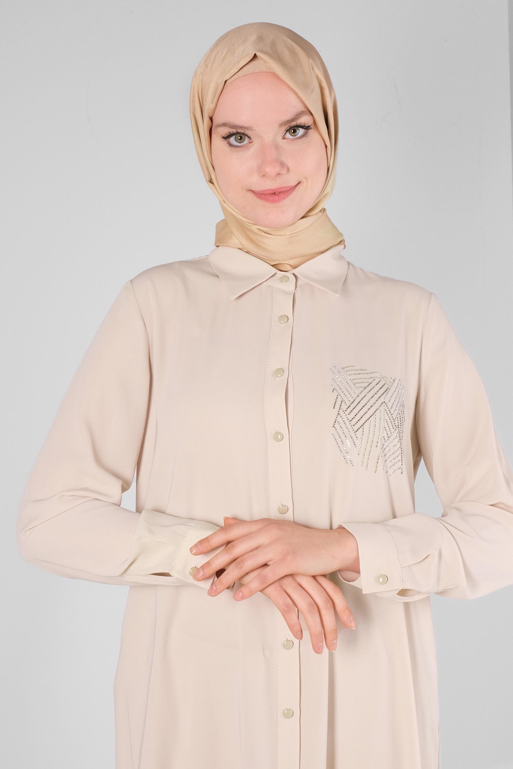 Tesettür giyim BEJ TAŞ BASKILI DÜĞMELİ UZUN TUNİK 43522