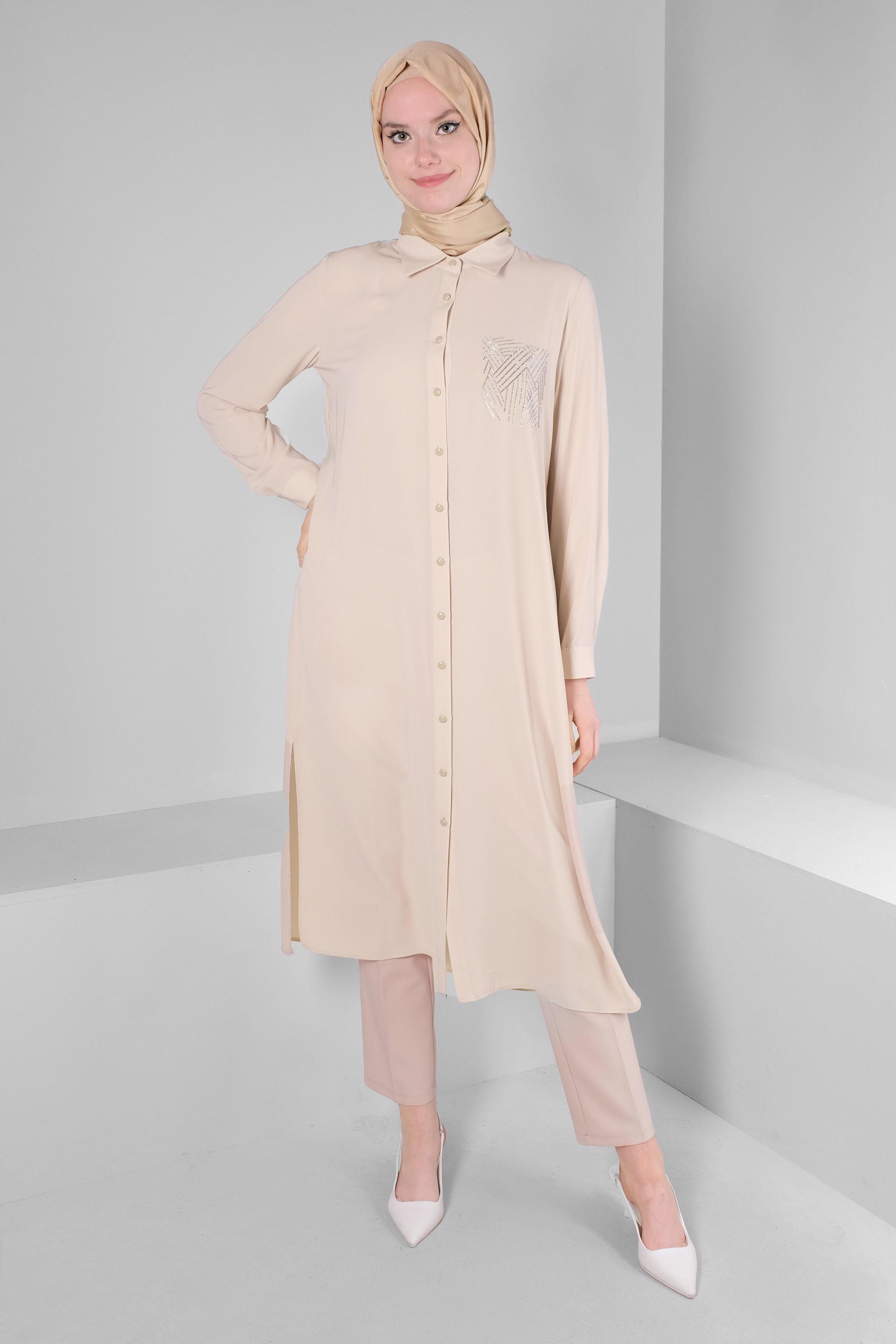 Tesettür giyim BEJ TAŞ BASKILI DÜĞMELİ UZUN TUNİK 43522