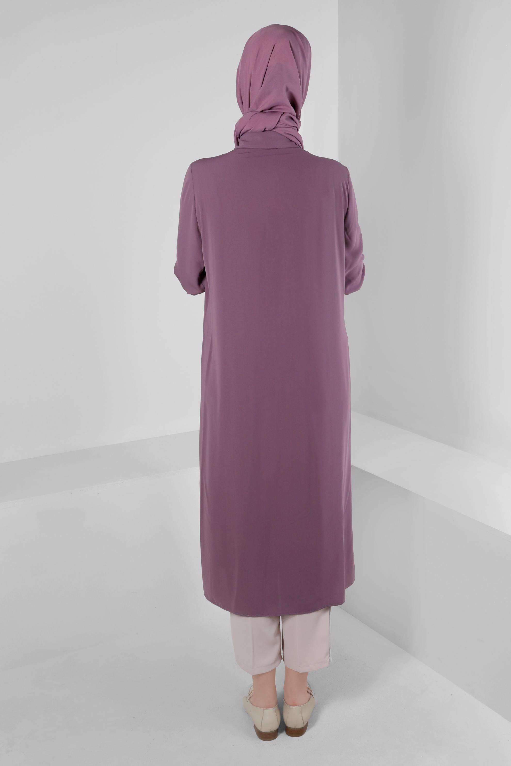 Tesettür giyim MOR TAŞ BASKILI DÜĞMELİ UZUN TUNİK 43522