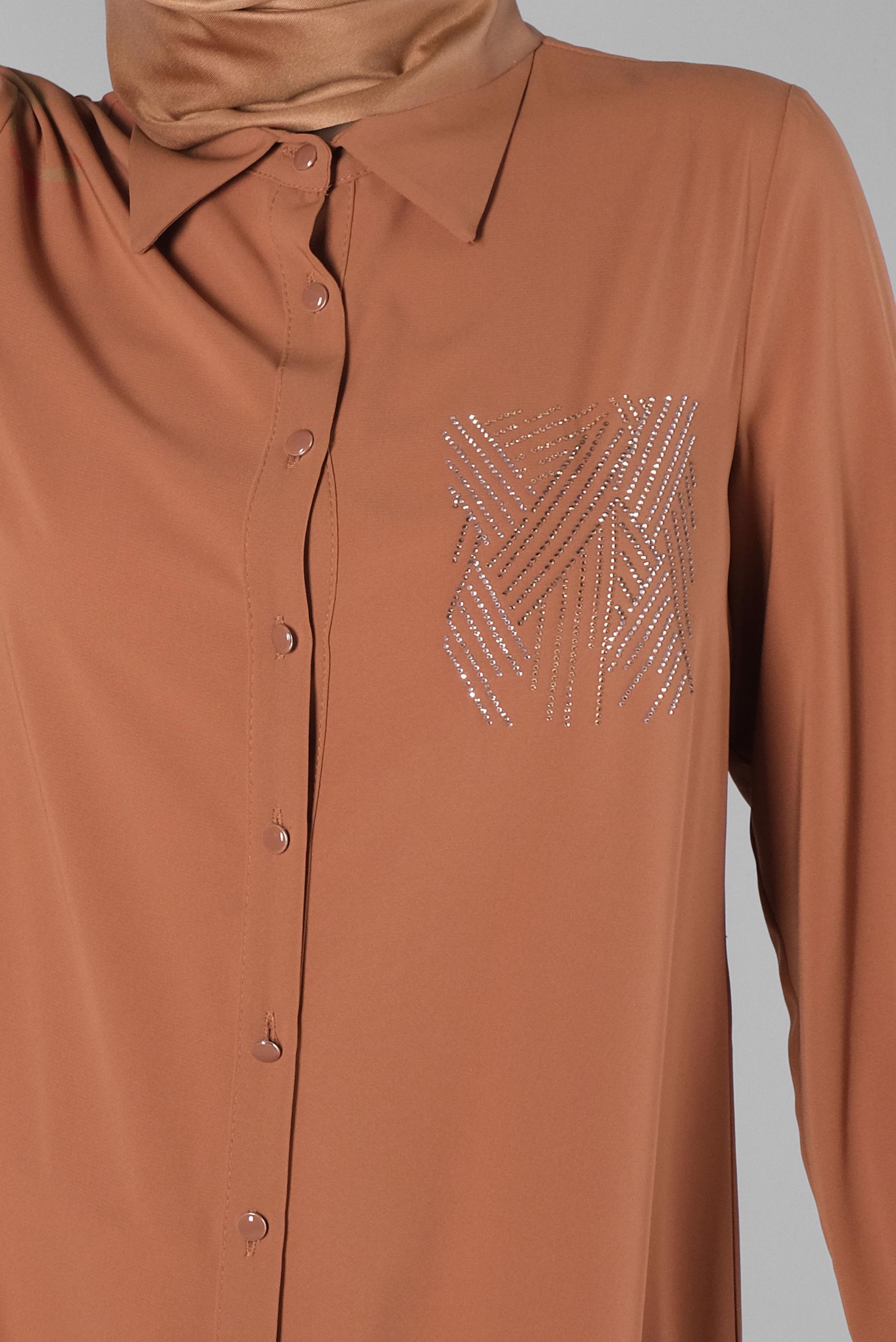 Tesettür giyim KAHVE TAŞ BASKILI DÜĞMELİ UZUN TUNİK 43522