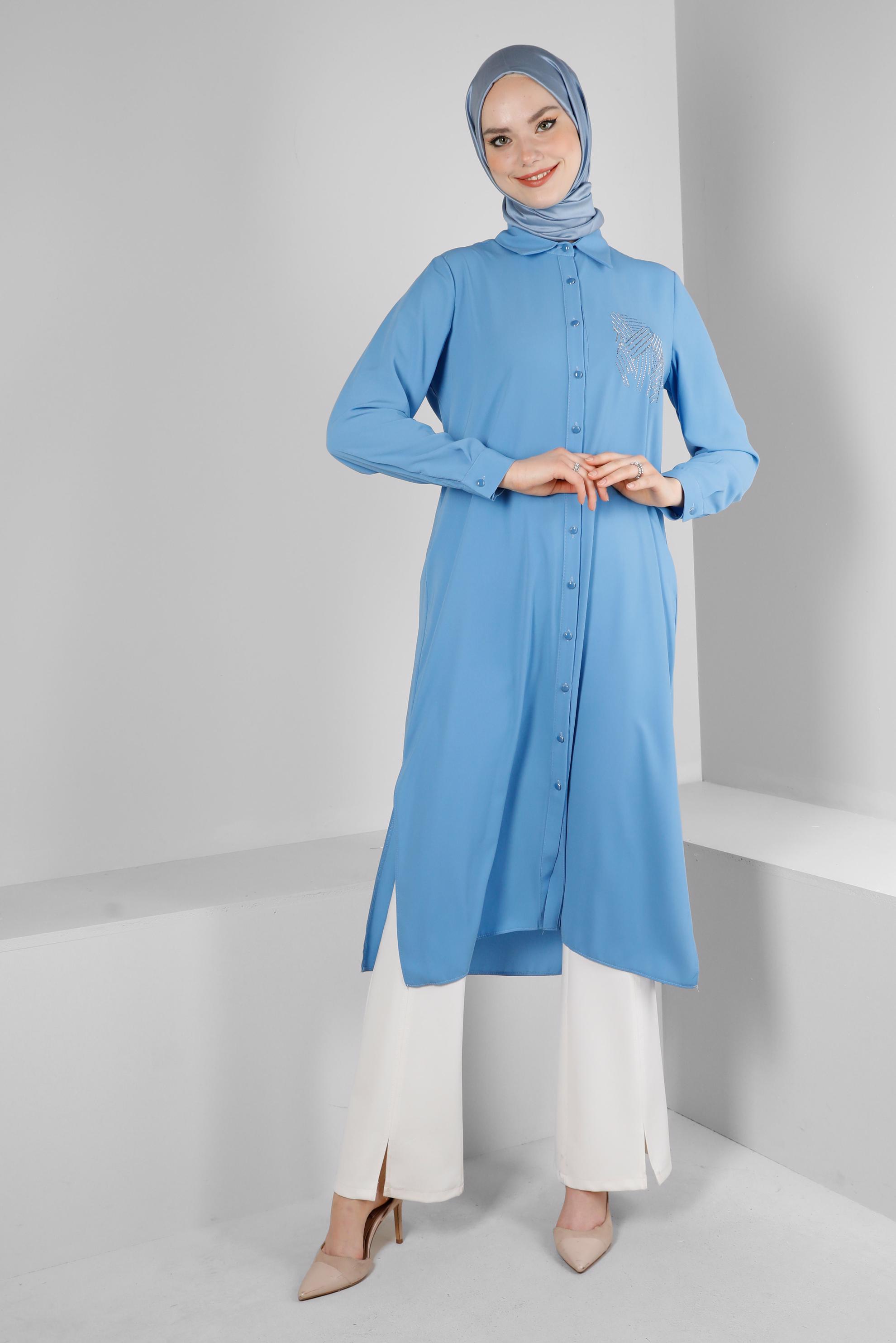 Tesettür giyim MAVİ TAŞ BASKILI DÜĞMELİ UZUN TUNİK 43522