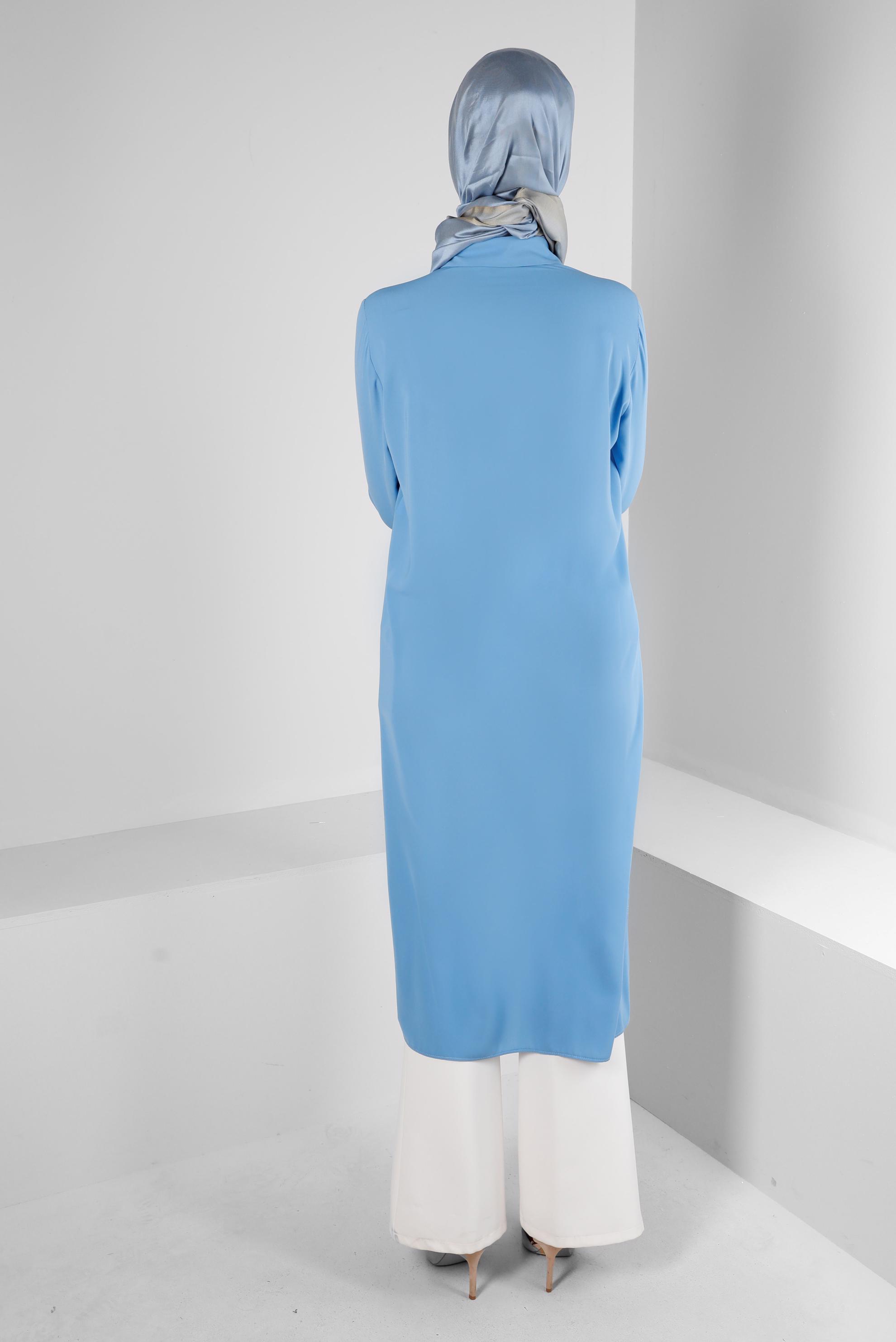 Tesettür giyim MAVİ TAŞ BASKILI DÜĞMELİ UZUN TUNİK 43522