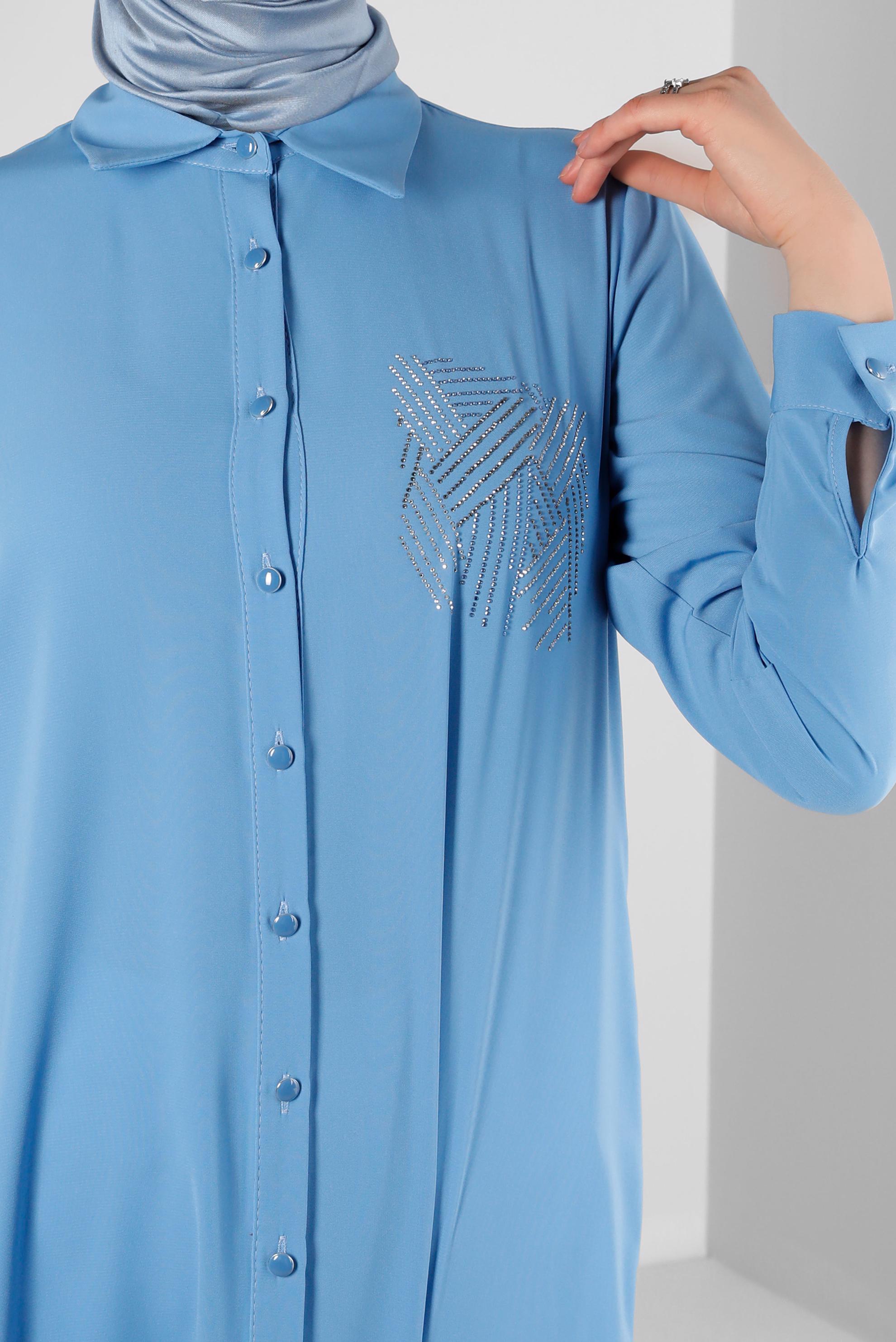 Tesettür giyim MAVİ TAŞ BASKILI DÜĞMELİ UZUN TUNİK 43522