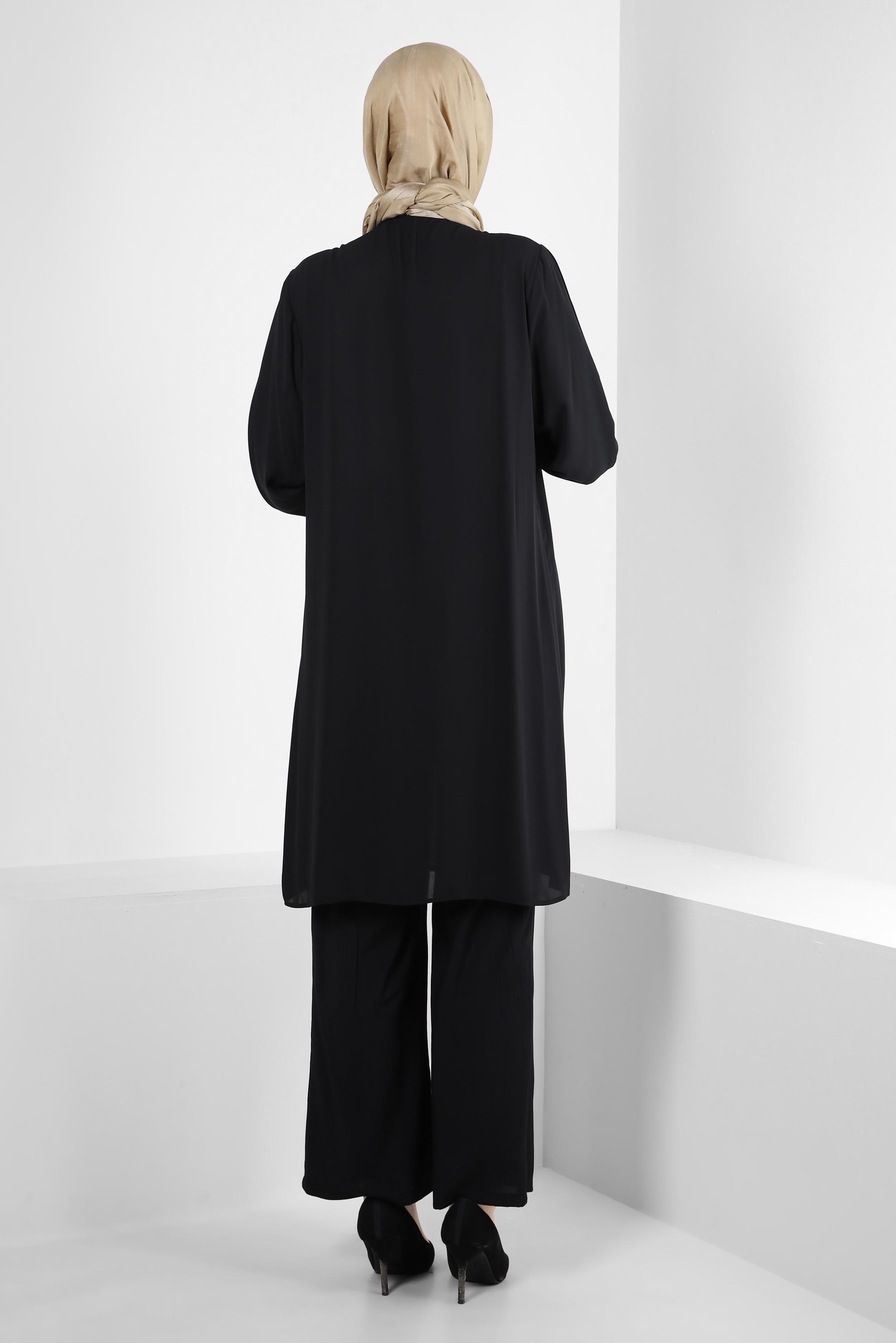 Tesettür giyim SİYAH KOLU TAŞ ŞERİTLİ TUNİK 43524