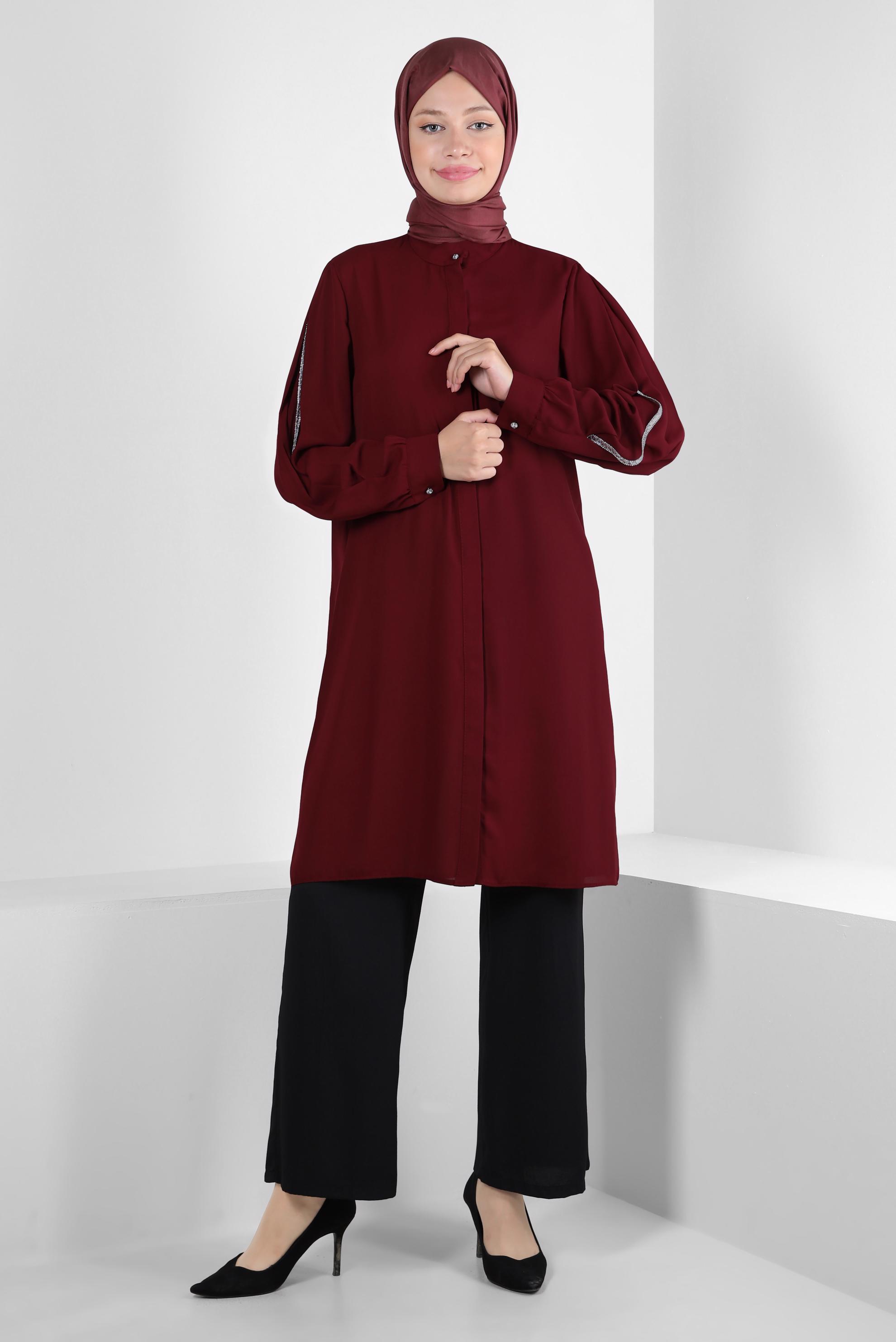 Tesettür giyim BORDO KOLU TAŞ ŞERİTLİ TUNİK 43524