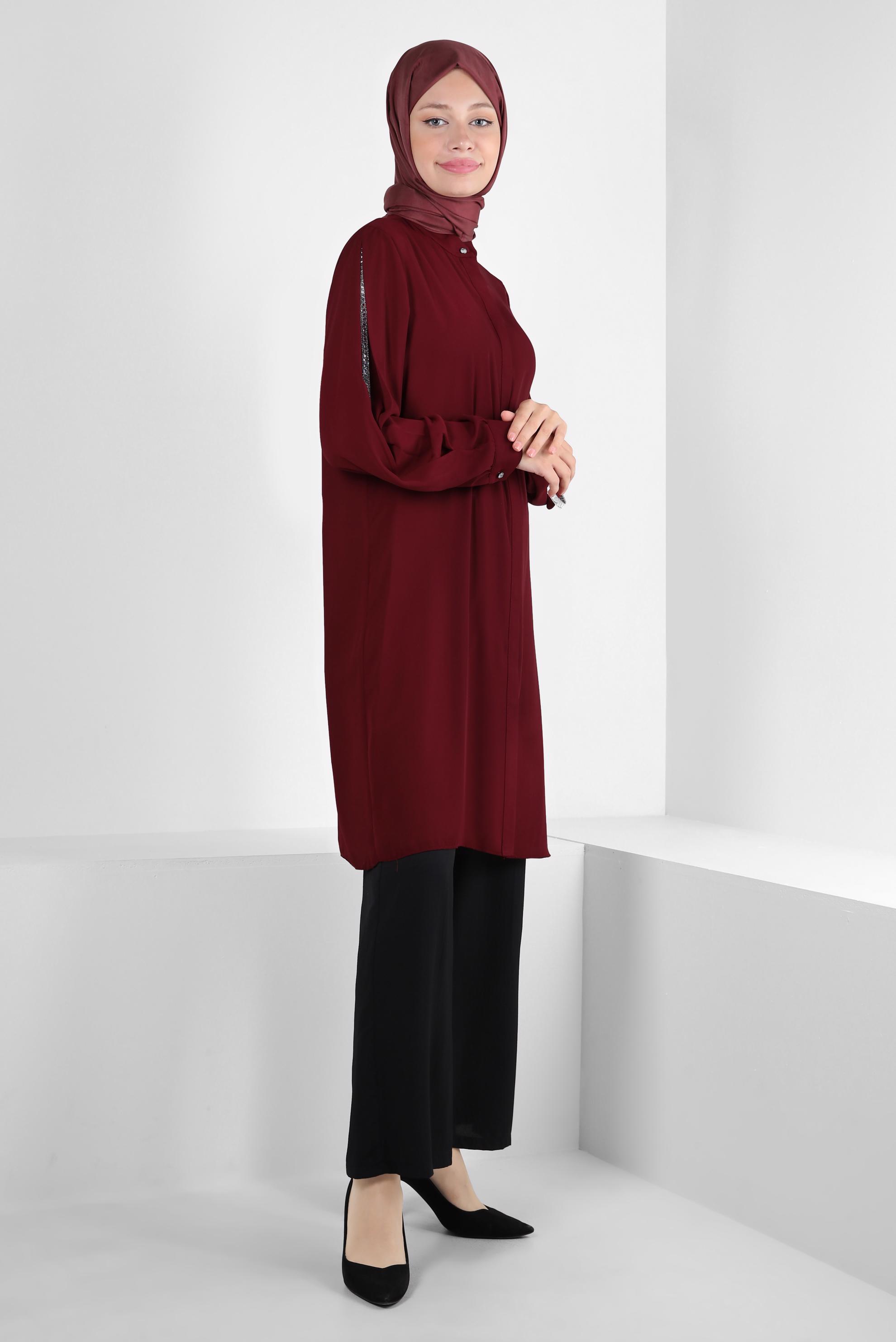 Tesettür giyim BORDO KOLU TAŞ ŞERİTLİ TUNİK 43524