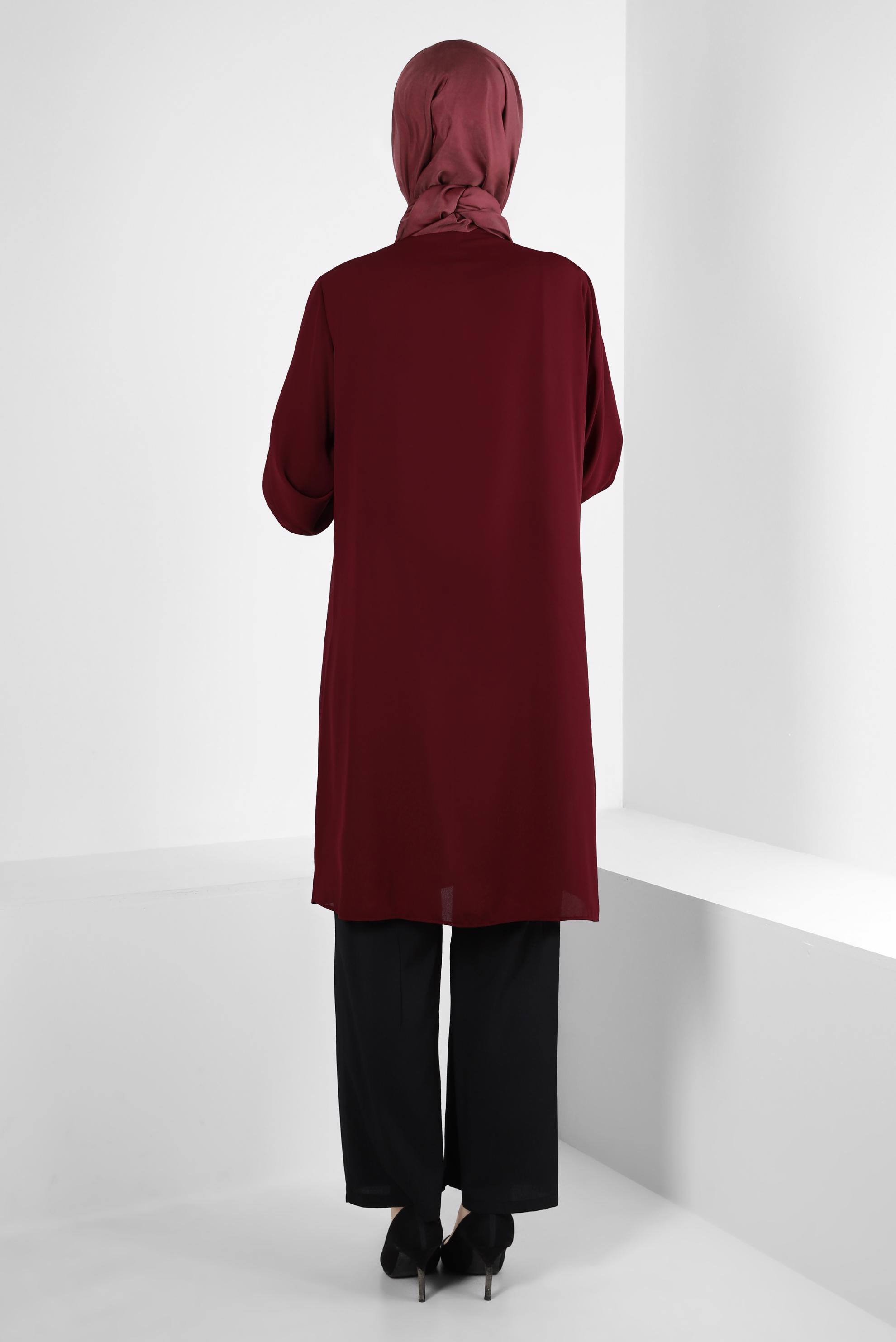 Tesettür giyim BORDO KOLU TAŞ ŞERİTLİ TUNİK 43524