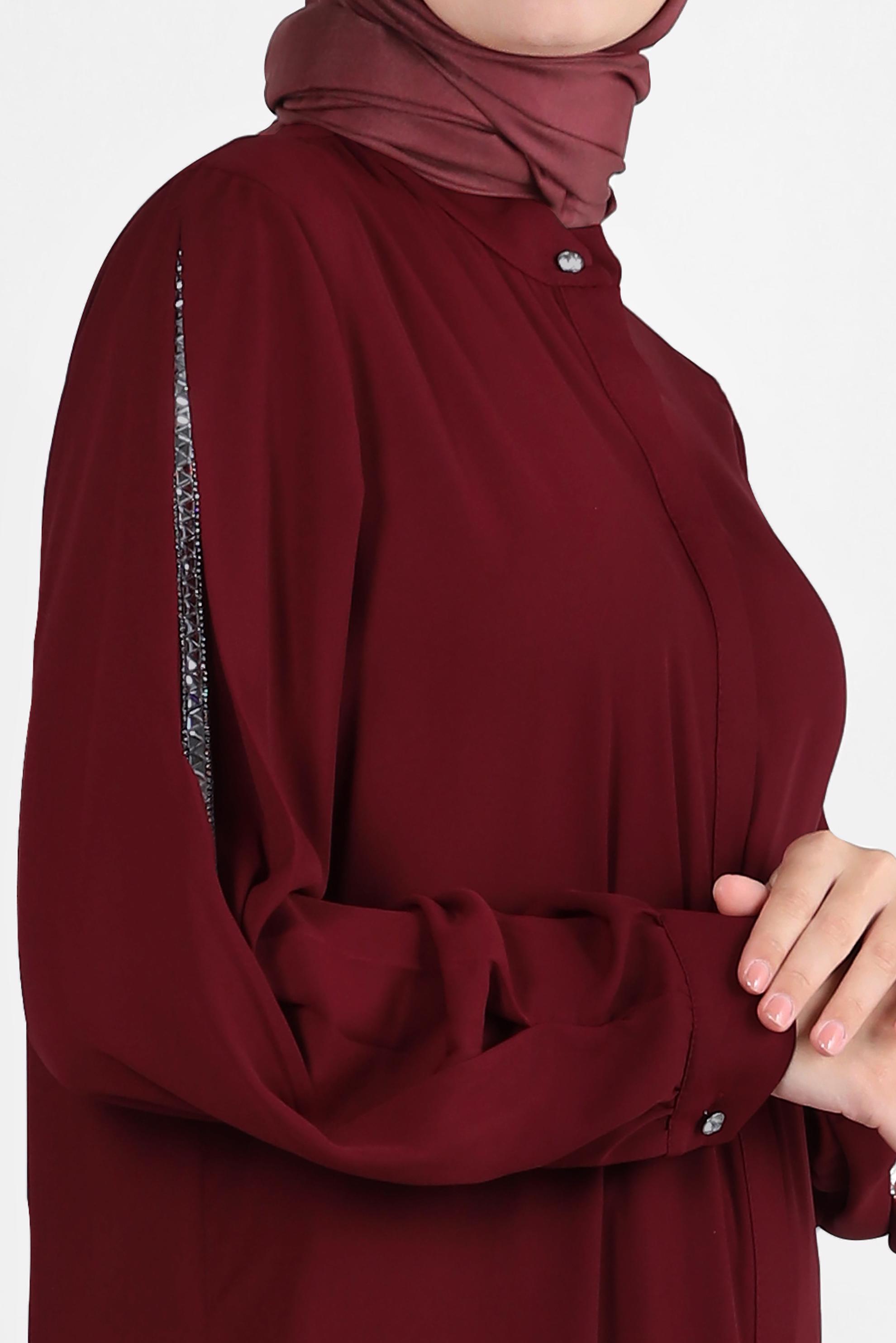 Tesettür giyim BORDO KOLU TAŞ ŞERİTLİ TUNİK 43524