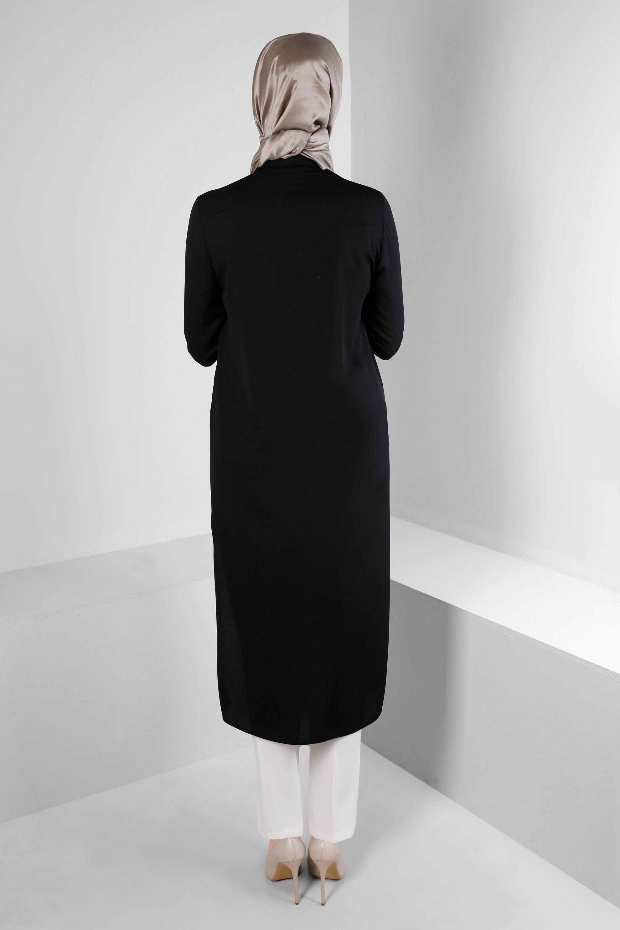 Tesettür giyim SİYAH YAKASI BAĞLAMALI CEPLİ TUNİK 43525