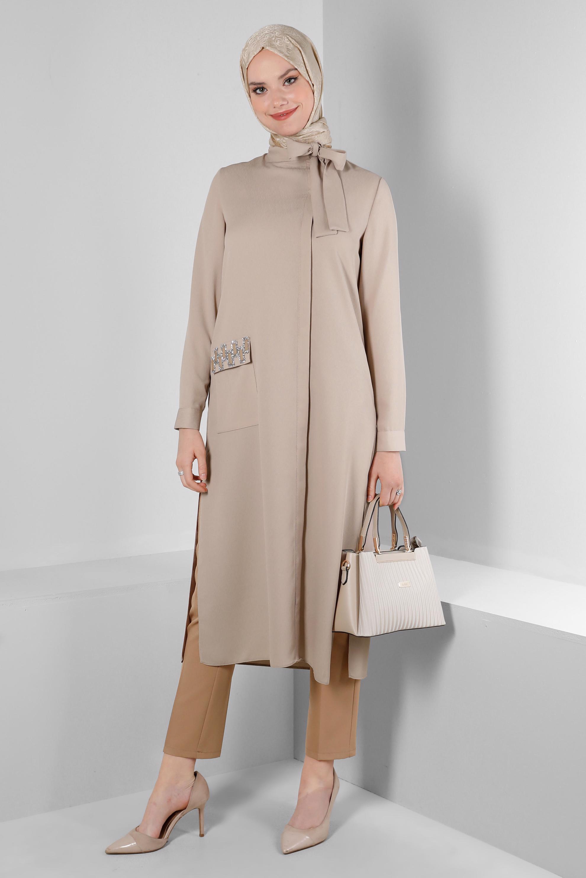 Tesettür giyim BEJ YAKASI BAĞLAMALI CEPLİ TUNİK 43525