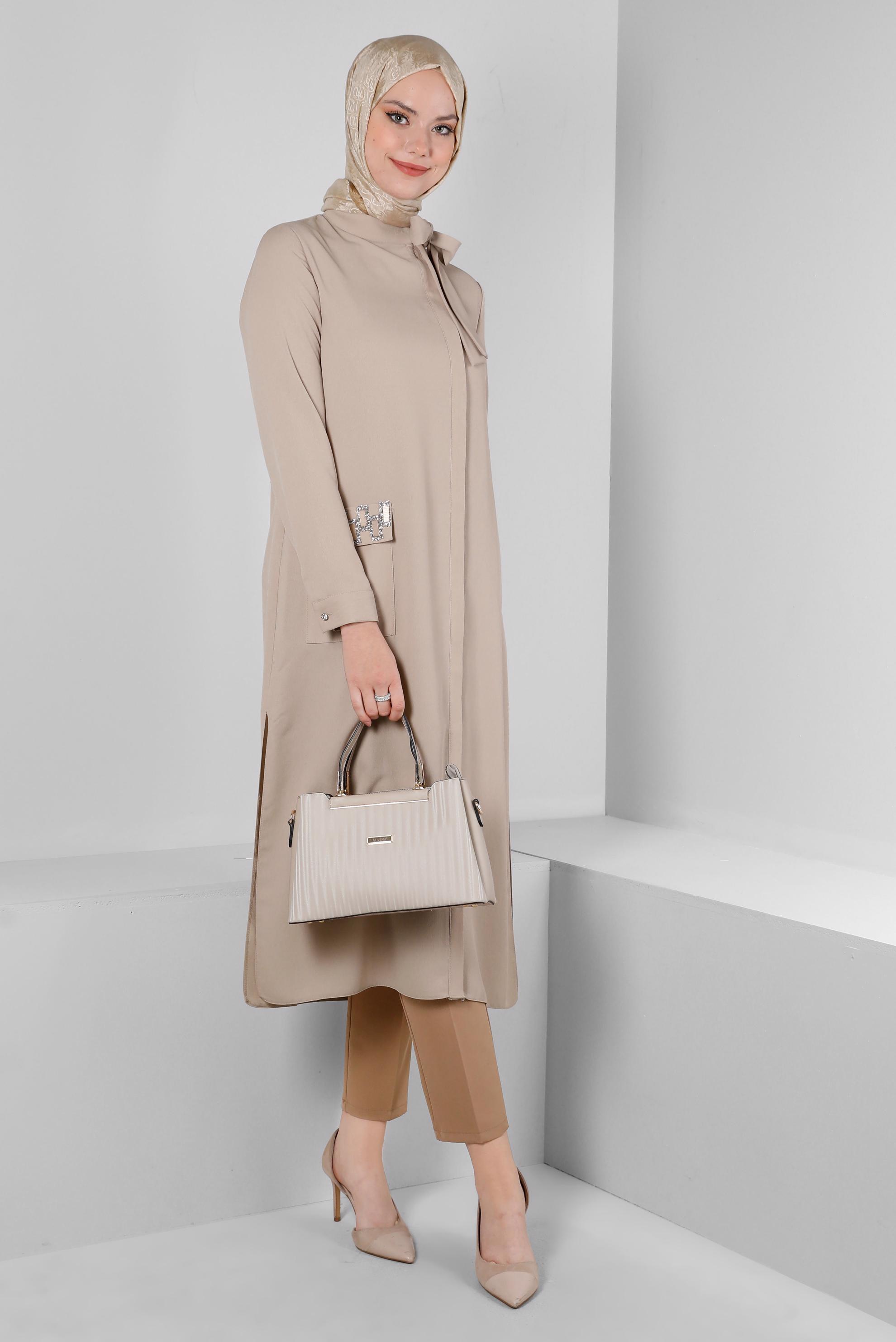 Tesettür giyim BEJ YAKASI BAĞLAMALI CEPLİ TUNİK 43525