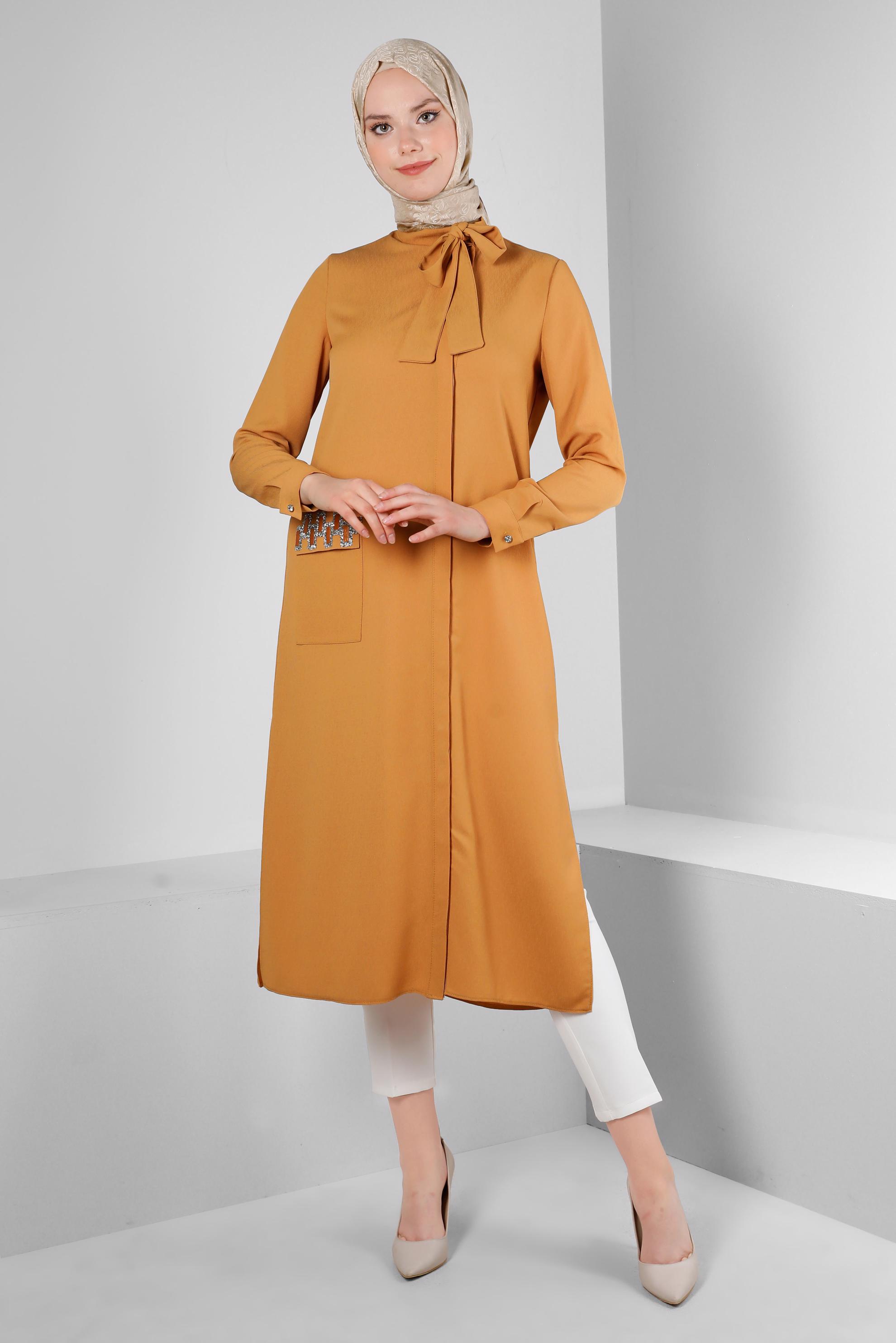 Tesettür giyim SARI YAKASI BAĞLAMALI CEPLİ TUNİK 43525