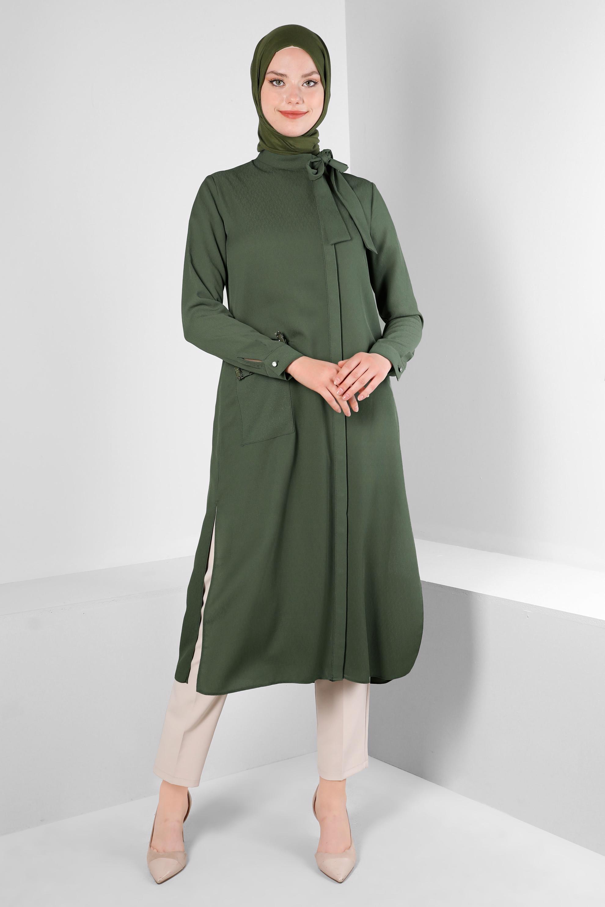 Tesettür giyim HAKİ YAKASI BAĞLAMALI CEPLİ TUNİK 43525