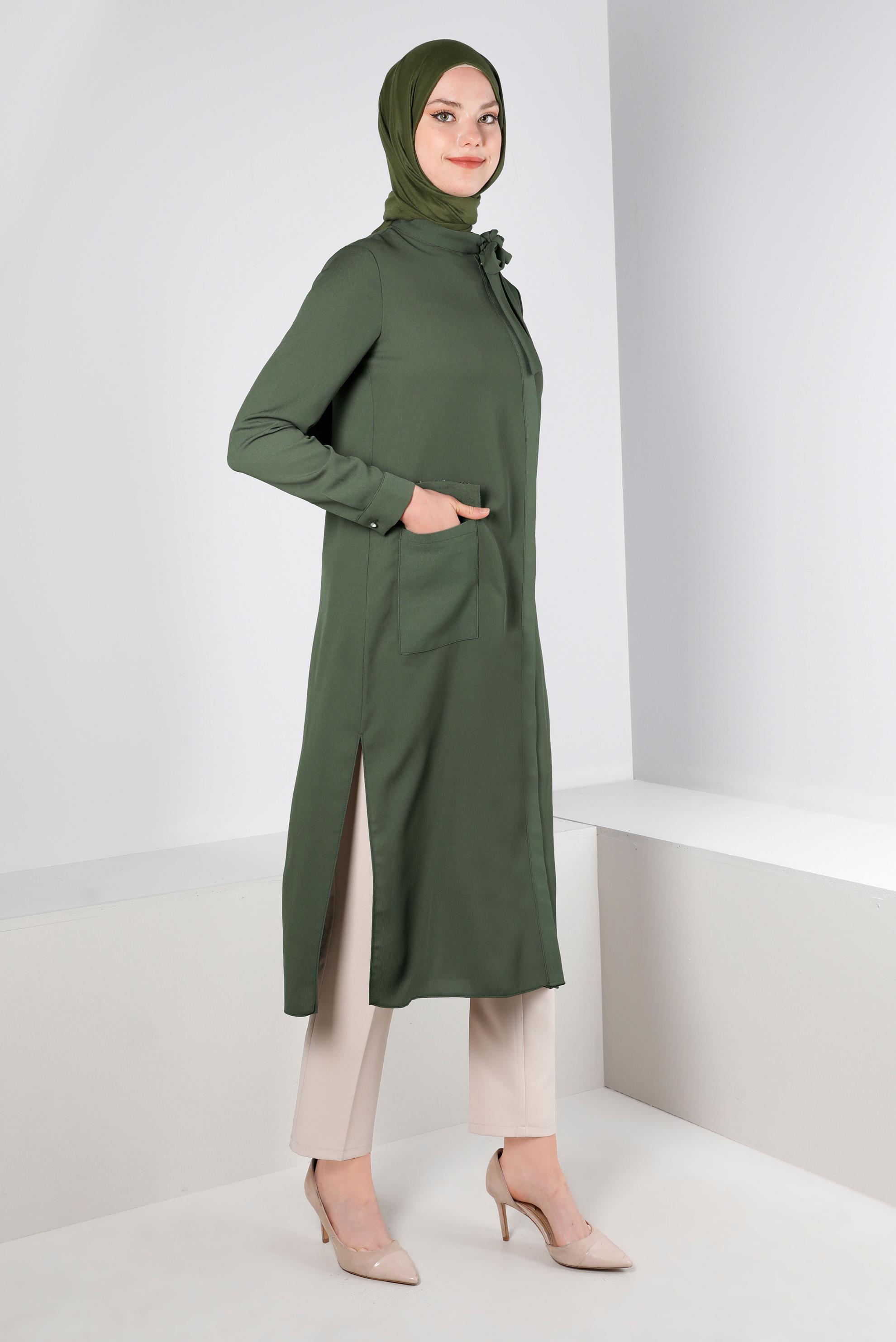 Tesettür giyim HAKİ YAKASI BAĞLAMALI CEPLİ TUNİK 43525