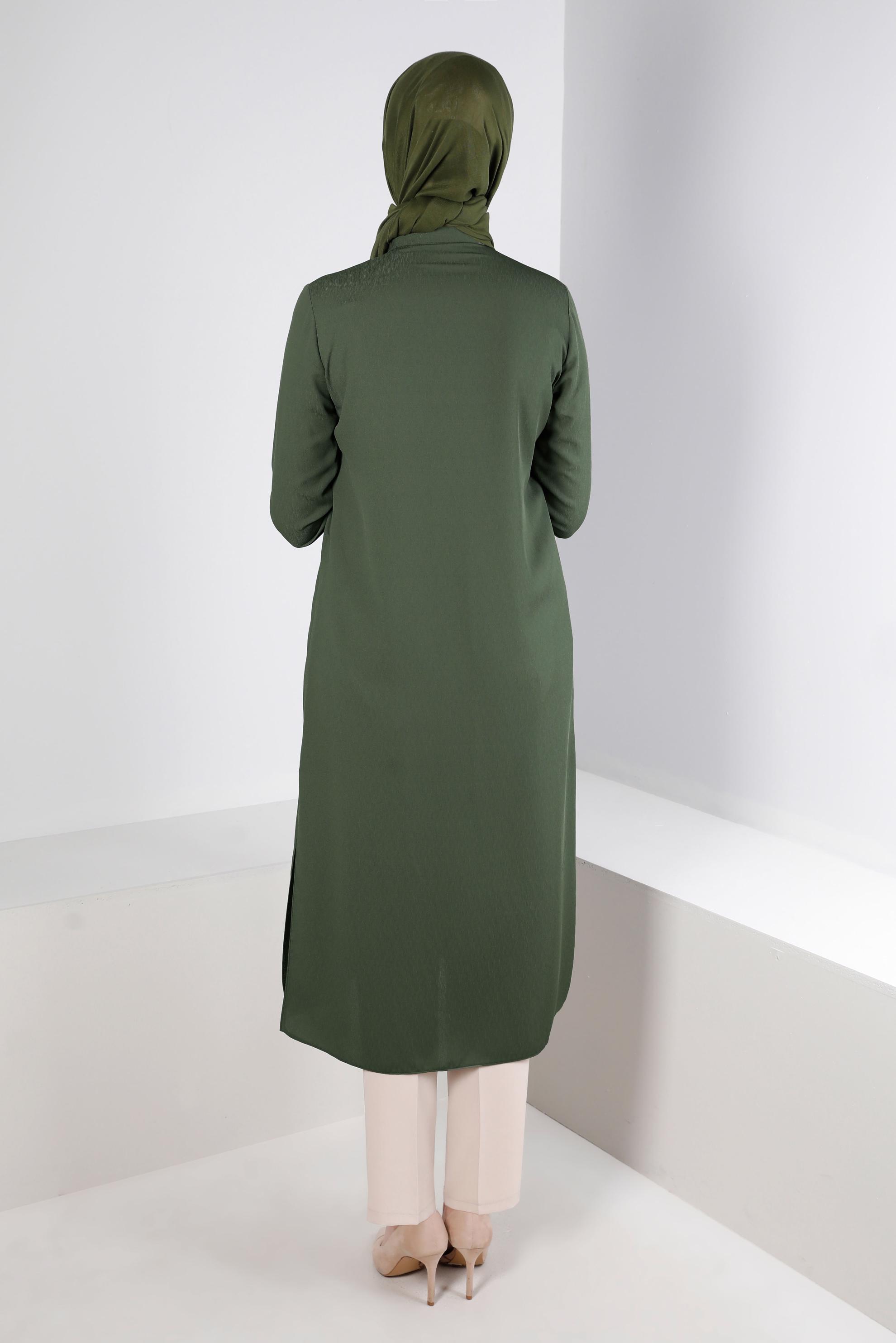 Tesettür giyim HAKİ YAKASI BAĞLAMALI CEPLİ TUNİK 43525