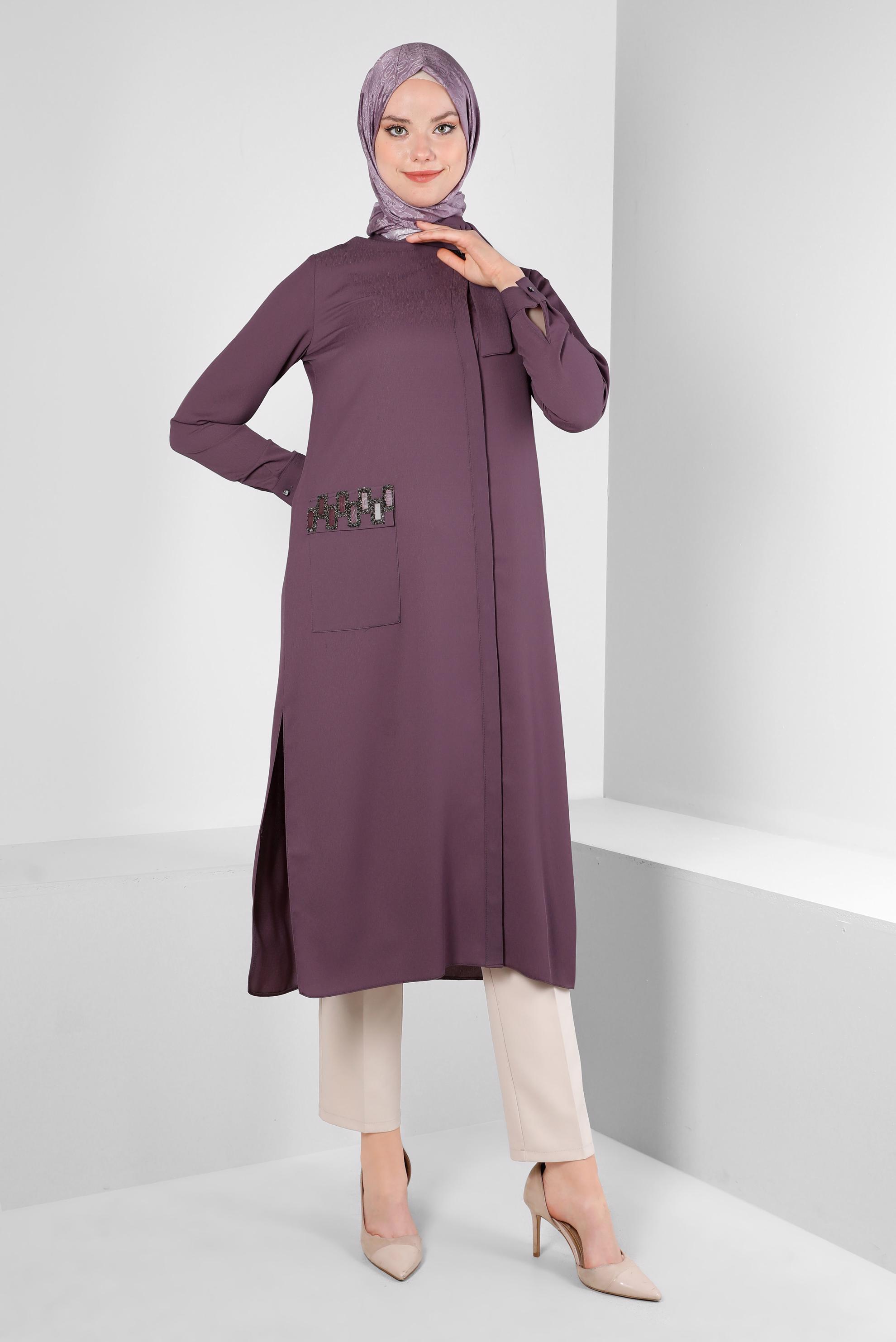 Tesettür giyim MOR YAKASI BAĞLAMALI CEPLİ TUNİK 43525