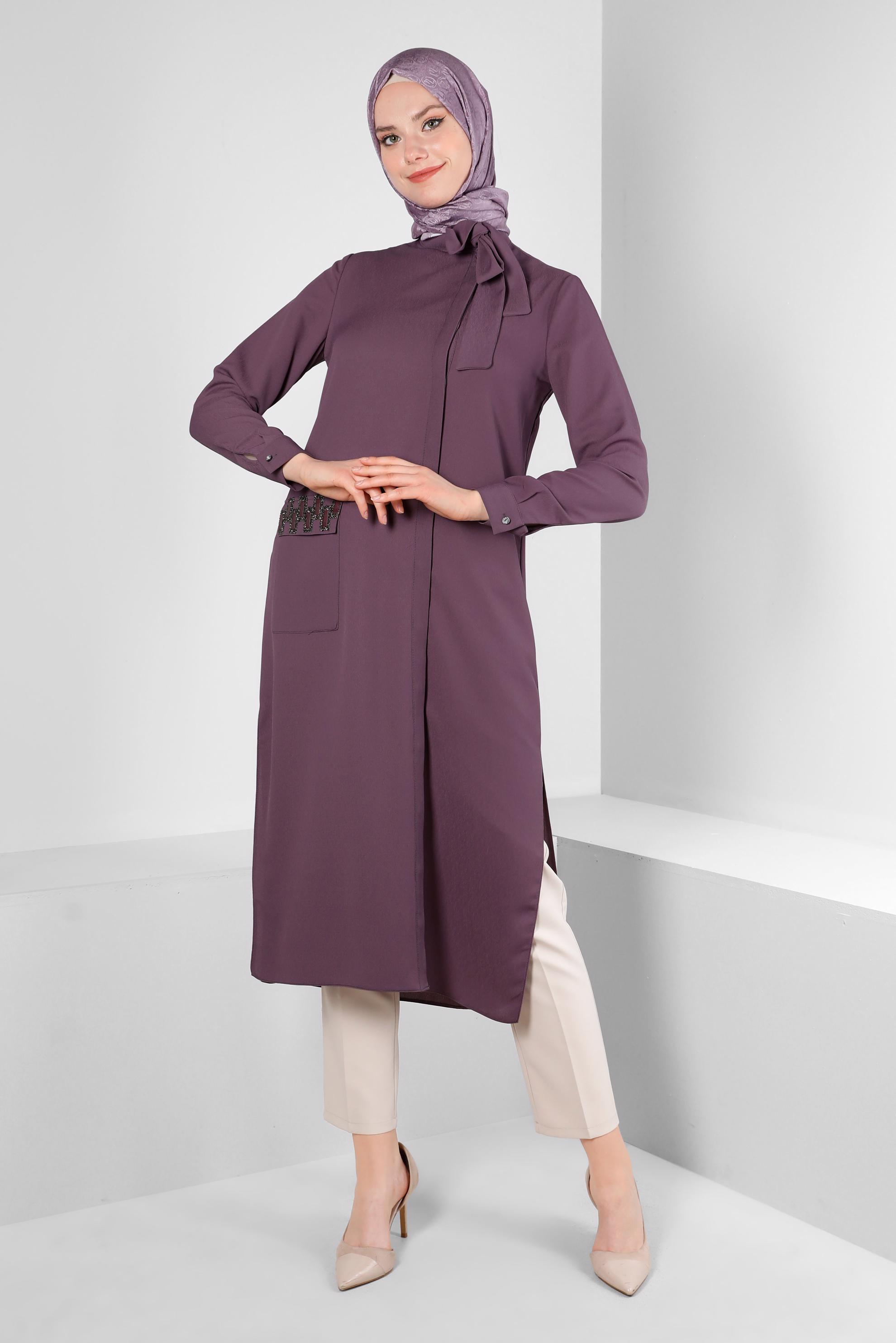 Tesettür giyim MOR YAKASI BAĞLAMALI CEPLİ TUNİK 43525