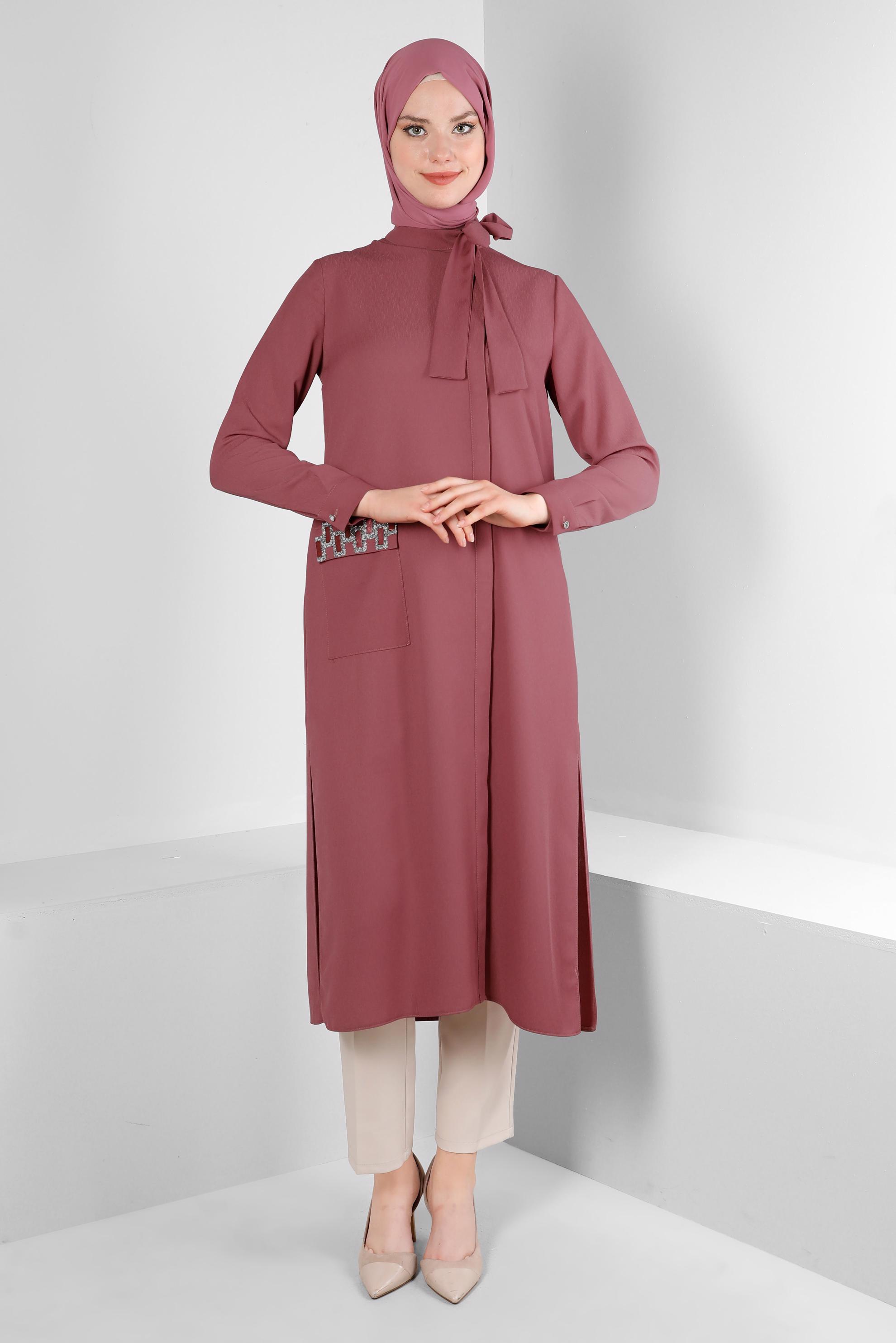 Tesettür giyim PEMBE YAKASI BAĞLAMALI CEPLİ TUNİK 43525