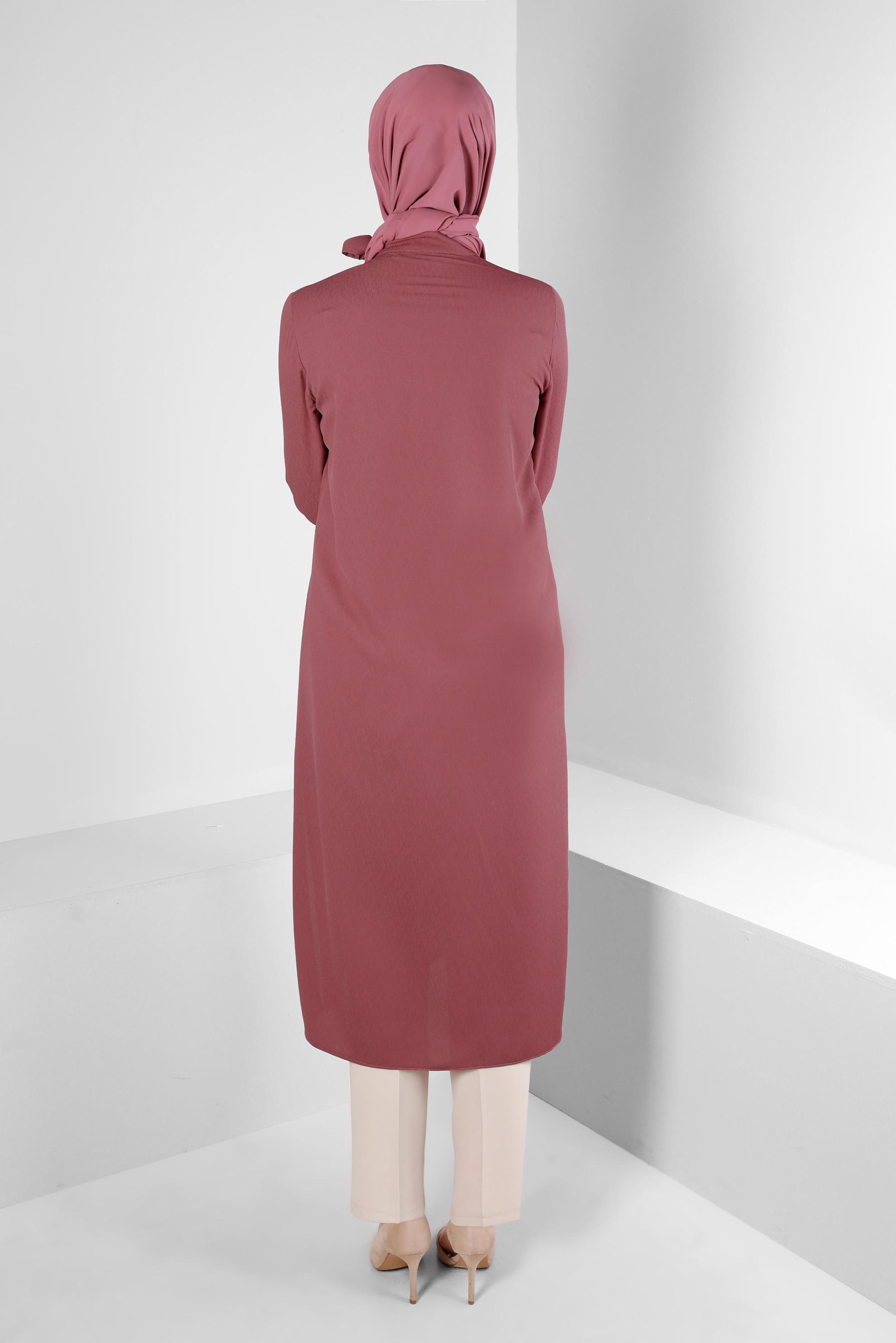 Tesettür giyim PEMBE YAKASI BAĞLAMALI CEPLİ TUNİK 43525