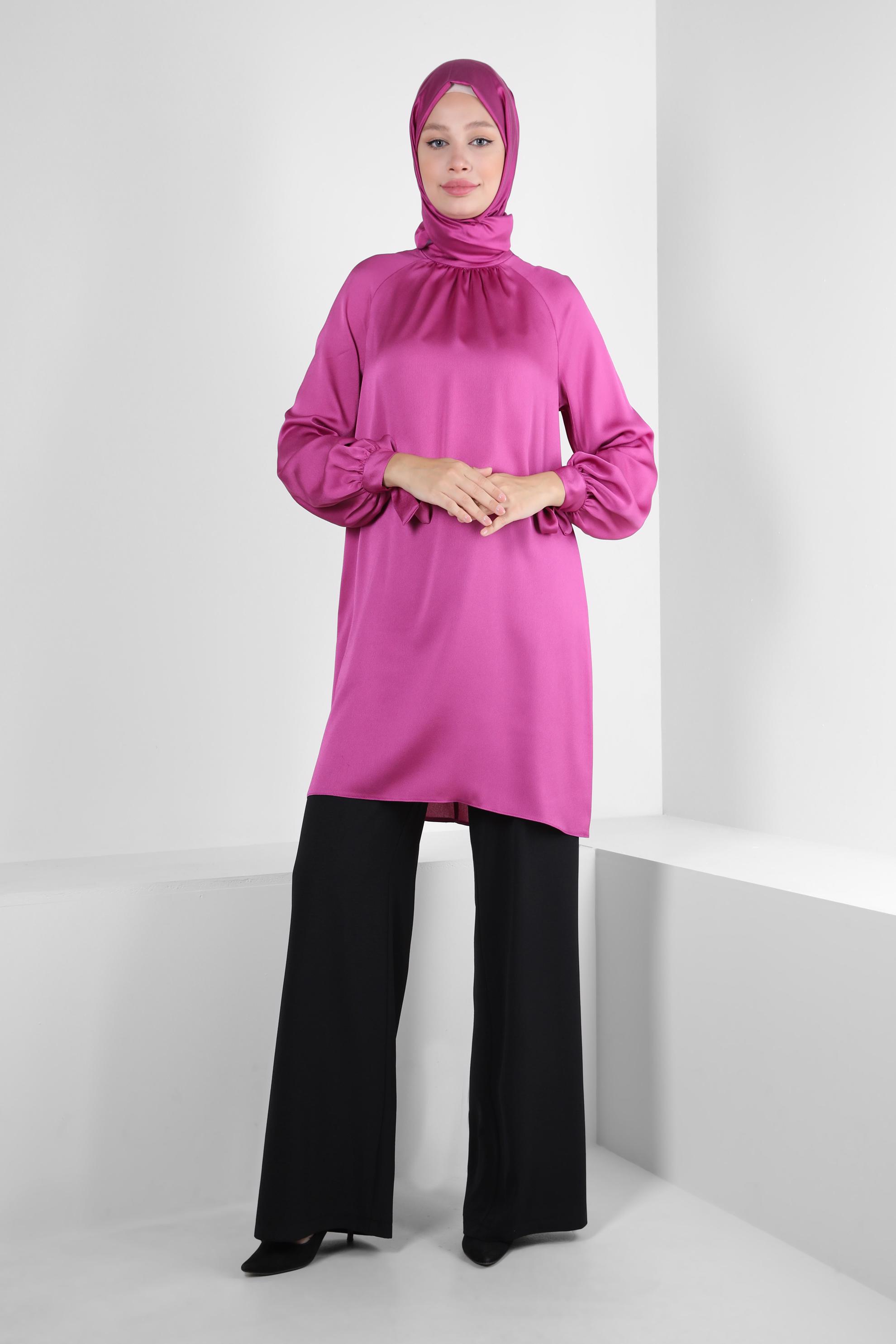 Tesettür giyim FUŞYA MANŞETLERİ BAĞLAMA DETAYLI SATEN TUNİK 43526