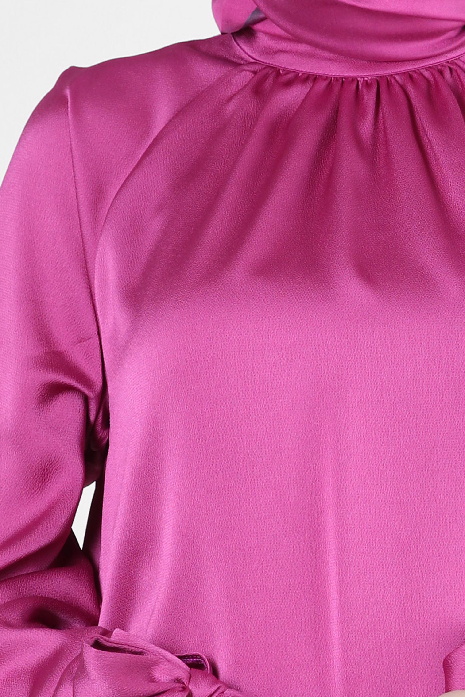 Tesettür giyim FUŞYA MANŞETLERİ BAĞLAMA DETAYLI SATEN TUNİK 43526