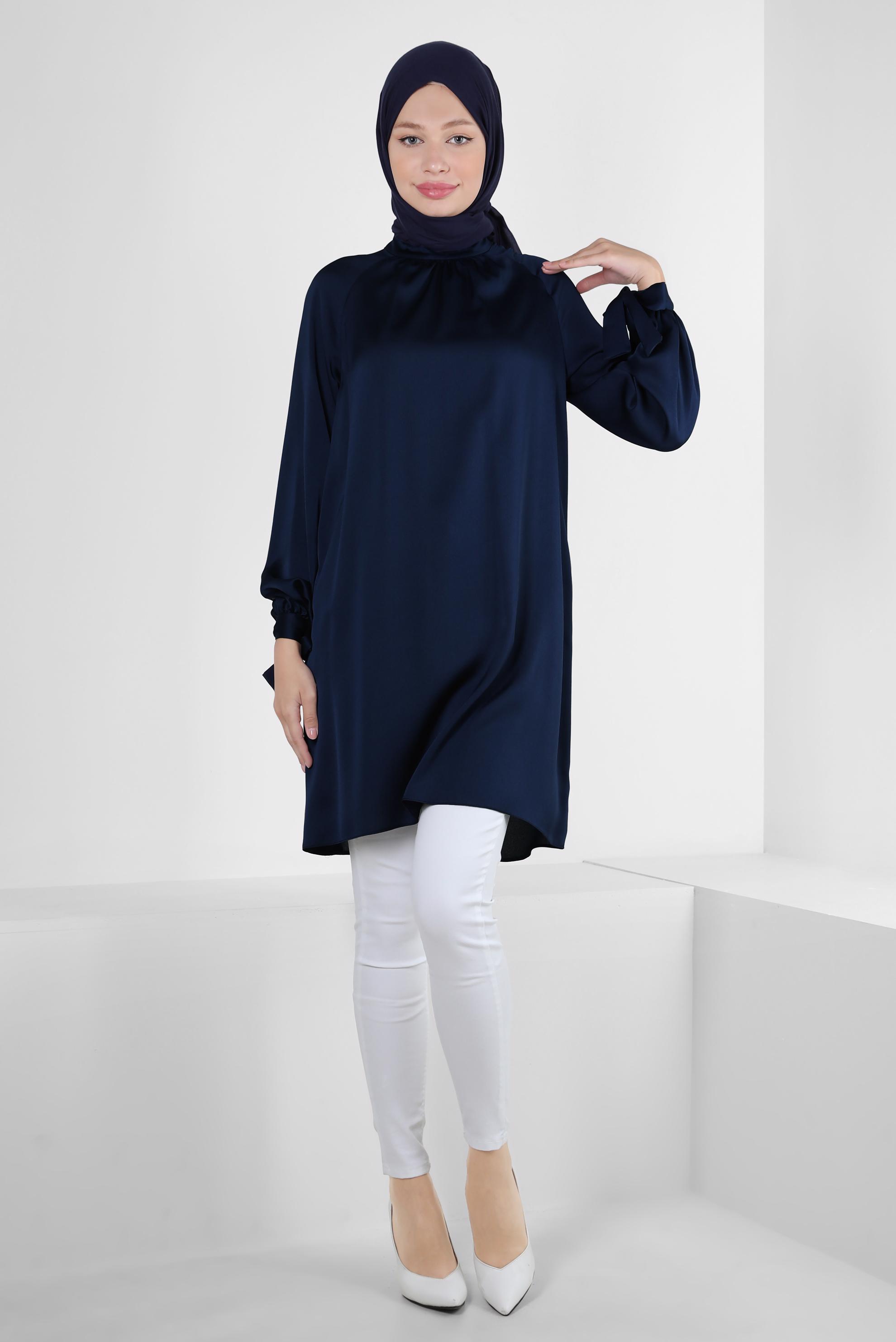 Tesettür giyim LACİVERT MANŞETLERİ BAĞLAMA DETAYLI SATEN TUNİK 43526