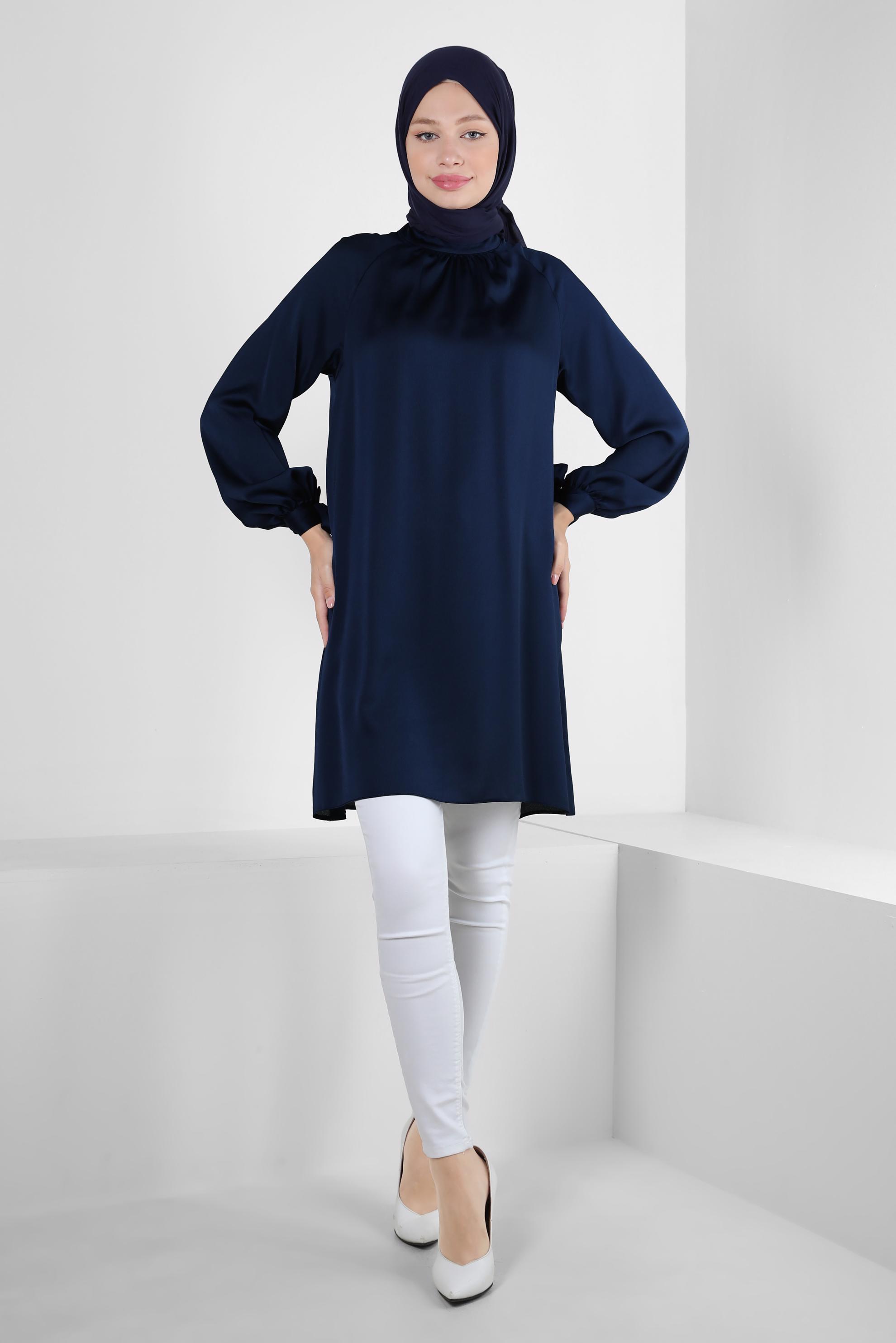 Tesettür giyim LACİVERT MANŞETLERİ BAĞLAMA DETAYLI SATEN TUNİK 43526