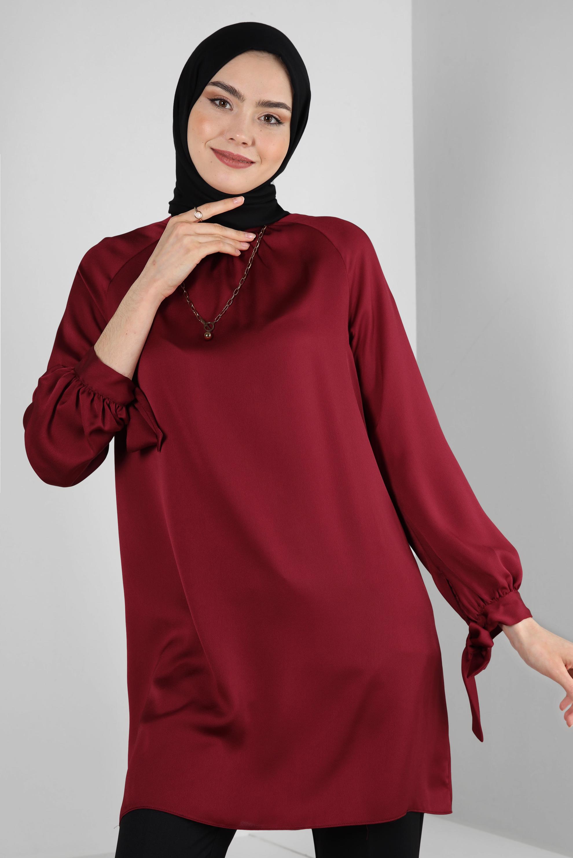 Tesettür giyim BORDO MANŞETLERİ BAĞLAMA DETAYLI SATEN TUNİK 43526
