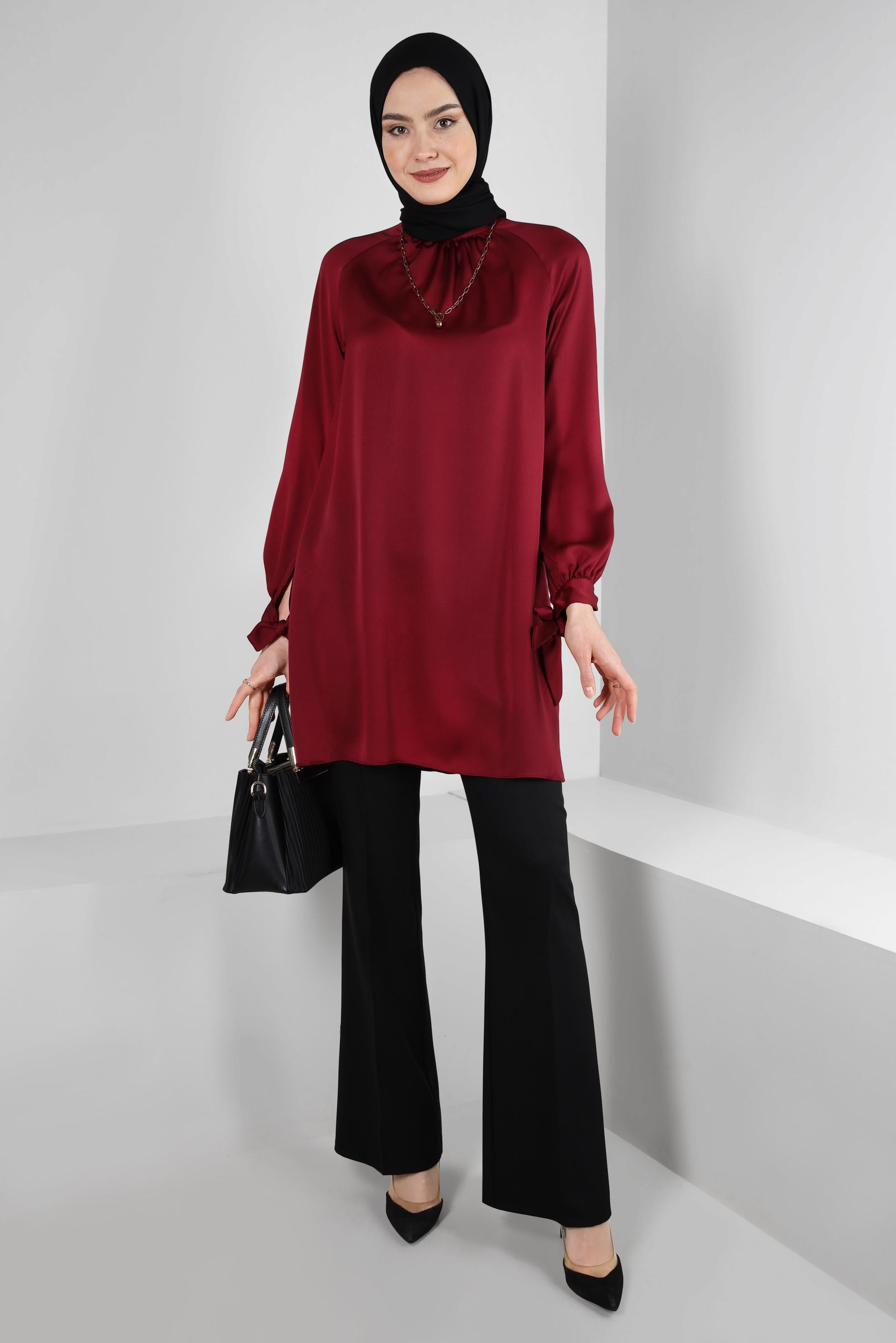 Tesettür giyim BORDO MANŞETLERİ BAĞLAMA DETAYLI SATEN TUNİK 43526