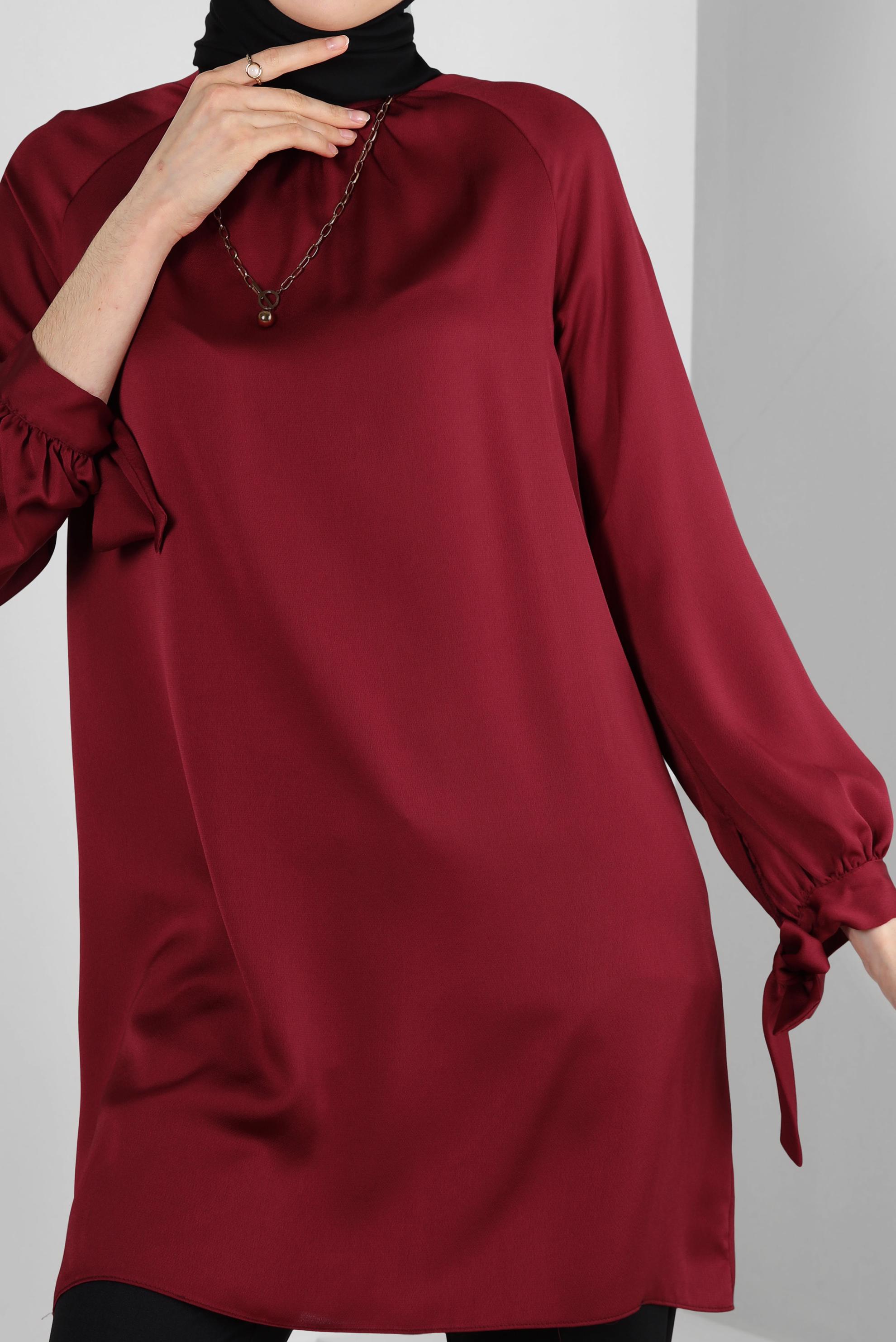 Tesettür giyim BORDO MANŞETLERİ BAĞLAMA DETAYLI SATEN TUNİK 43526