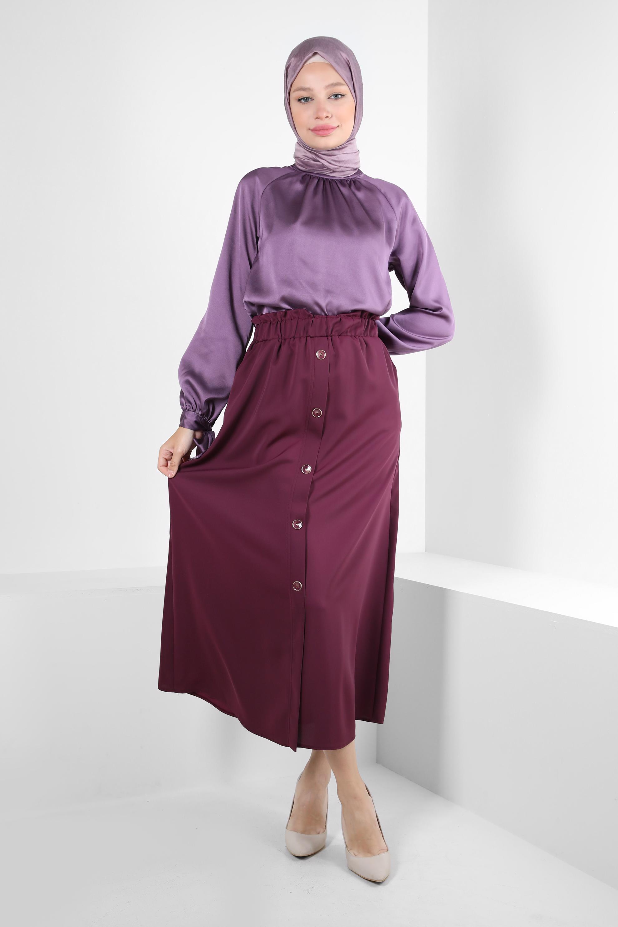 Tesettür giyim MÜRDÜM MANŞETLERİ BAĞLAMA DETAYLI SATEN TUNİK 43526