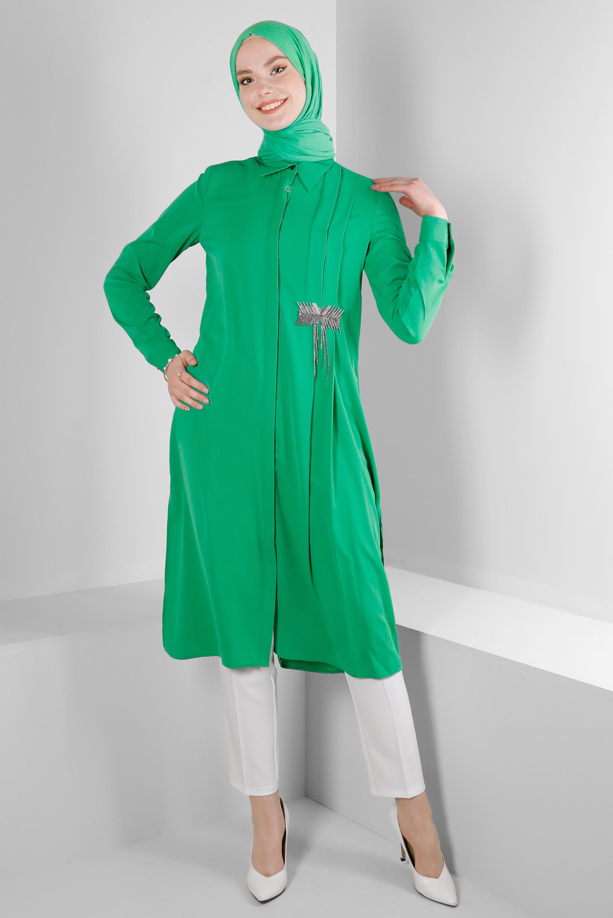 Tesettür giyim YEŞİL TAŞ İŞLEME DETAYLI TUNİK 43528