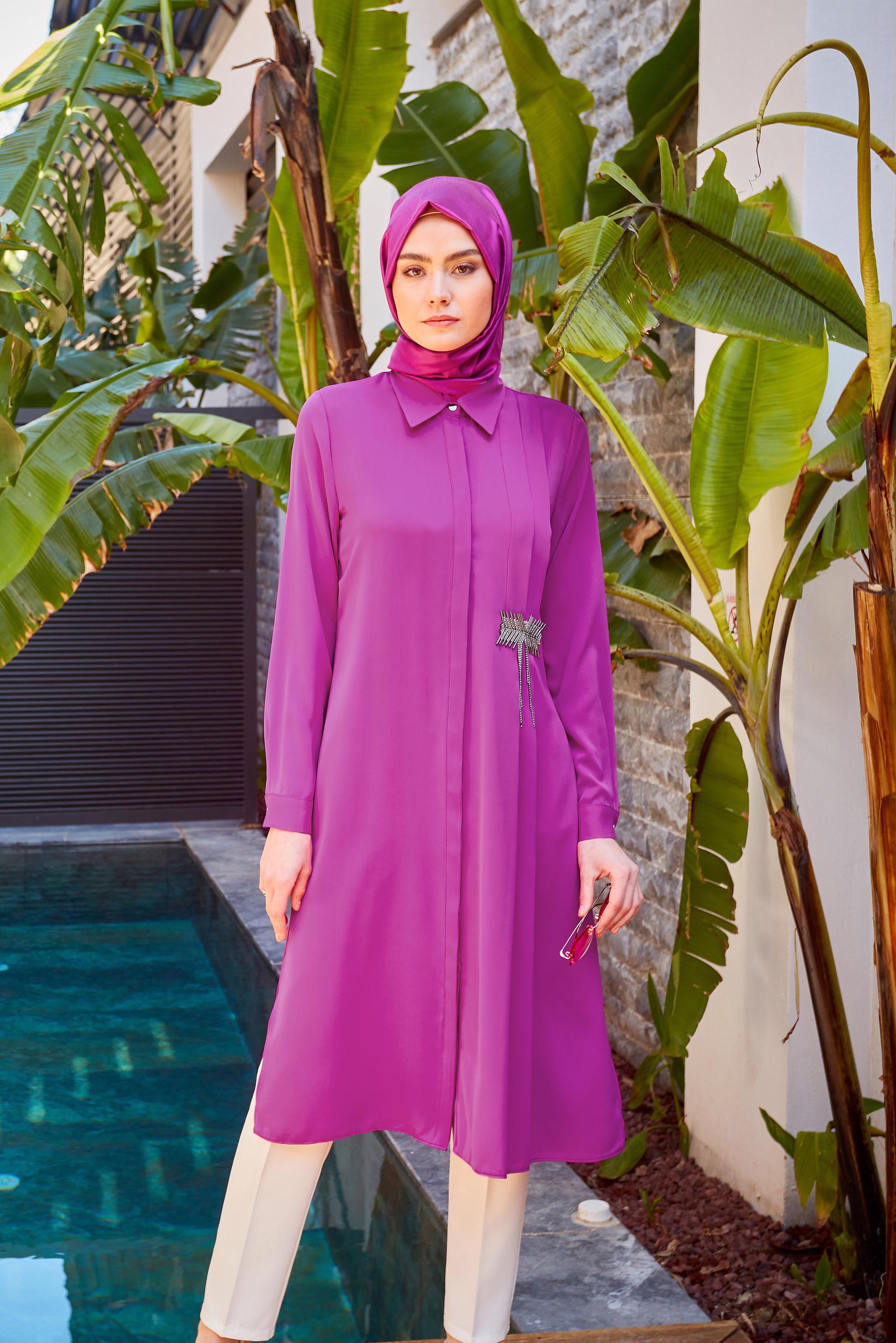 Tesettür giyim FUŞYA TAŞ İŞLEME DETAYLI TUNİK 43528