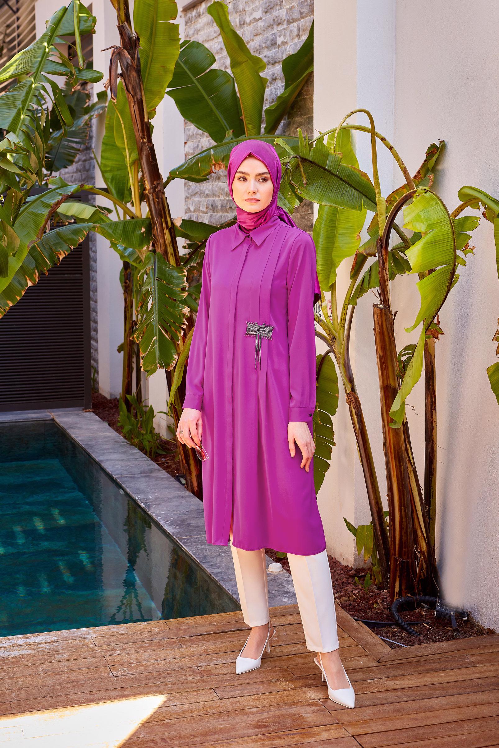 Tesettür giyim FUŞYA TAŞ İŞLEME DETAYLI TUNİK 43528