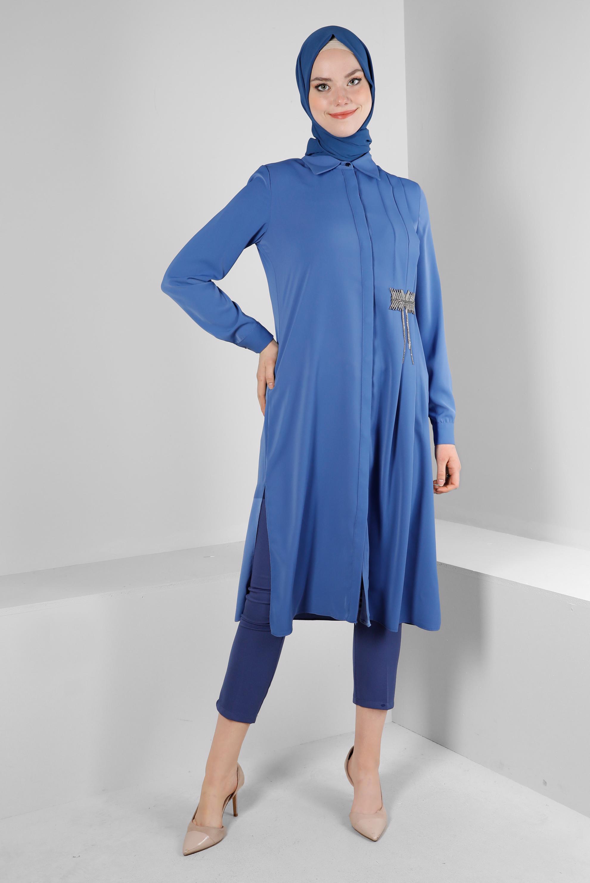 Tesettür giyim LACİVERT TAŞ İŞLEME DETAYLI TUNİK 43528