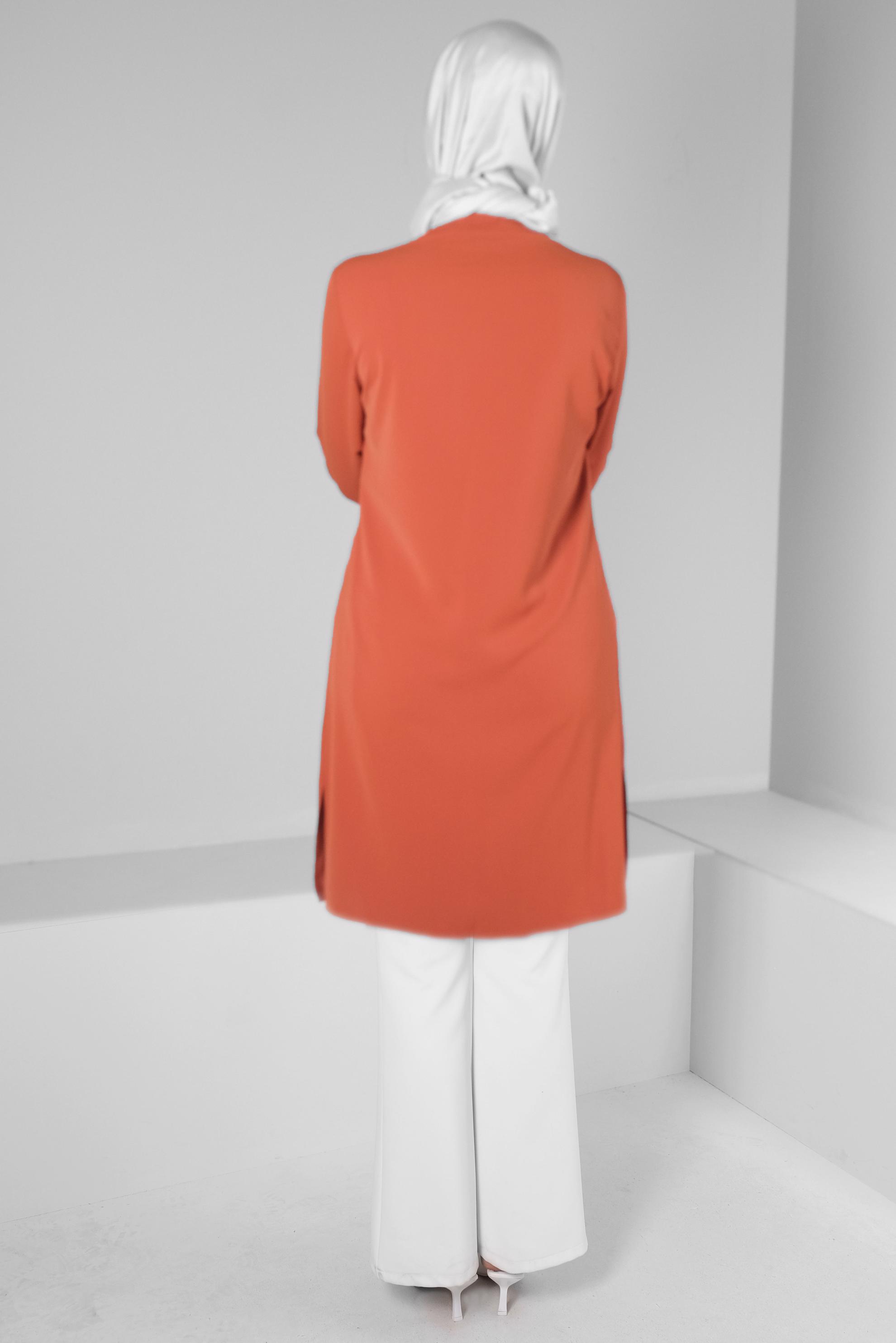 Tesettür giyim TURUNCU BONCUK İŞLEME DETAYLI FULAR YAKA TUNİK 43530