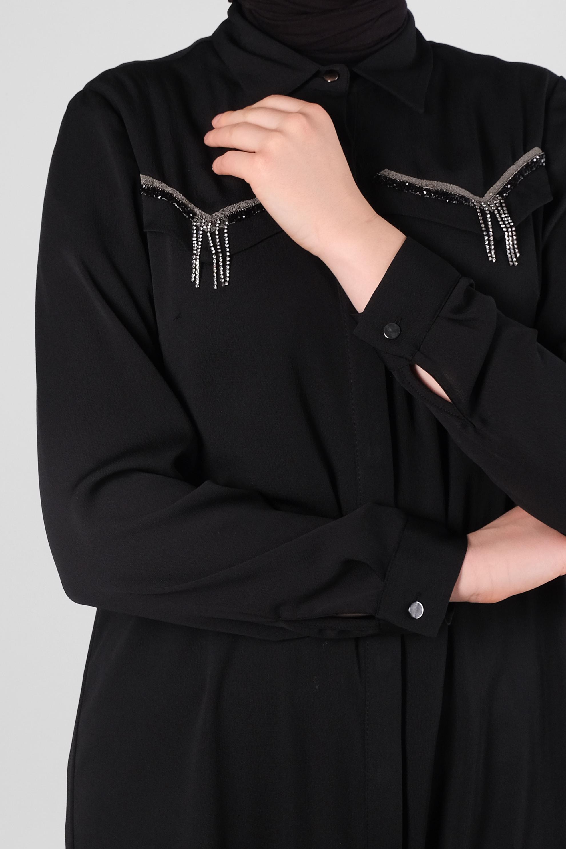 Tesettür giyim SİYAH ZİNCİR DETAYLI GÖMLEK YAKA TUNİK 43531