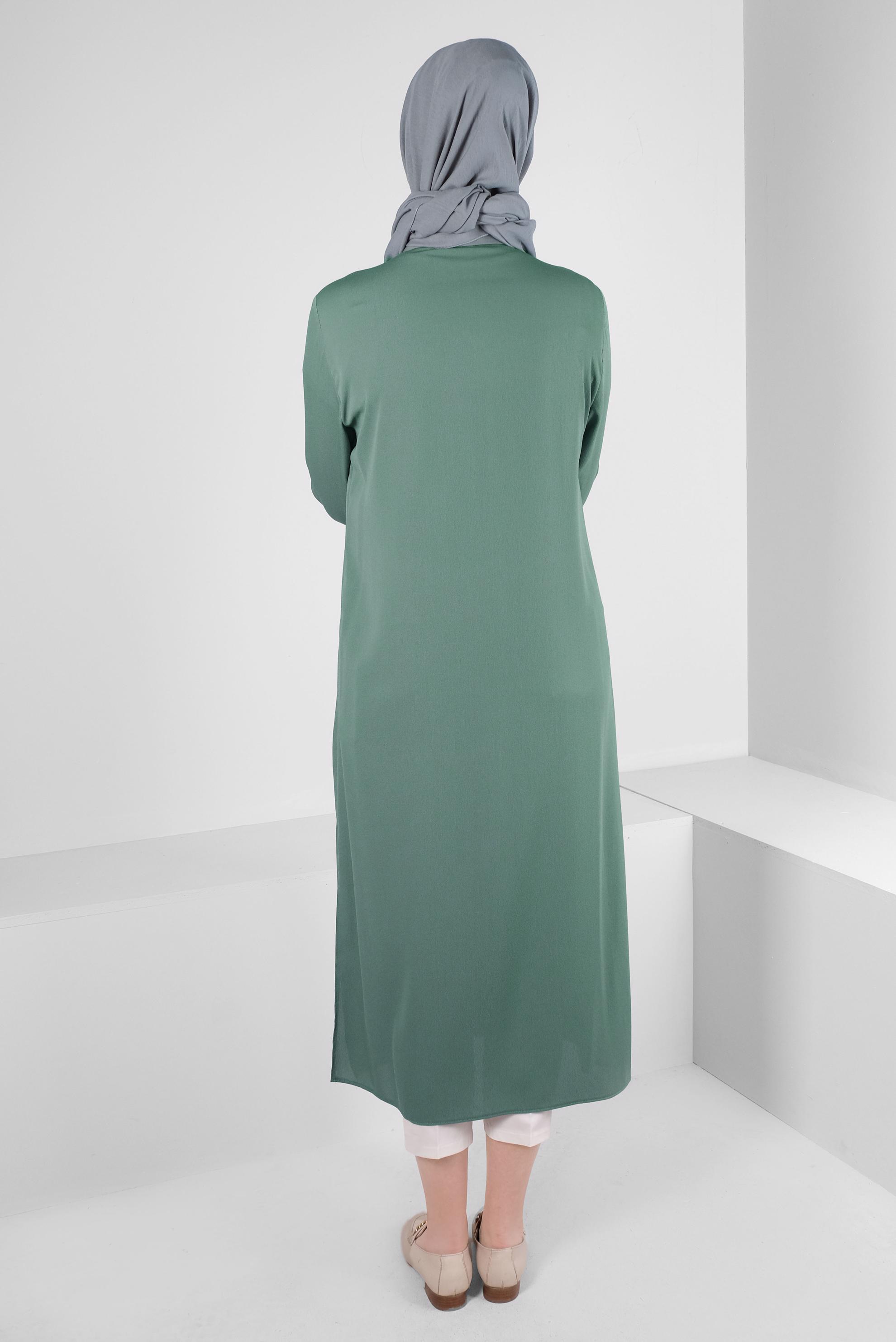 Tesettür giyim YEŞİL ZİNCİR DETAYLI GÖMLEK YAKA TUNİK 43531