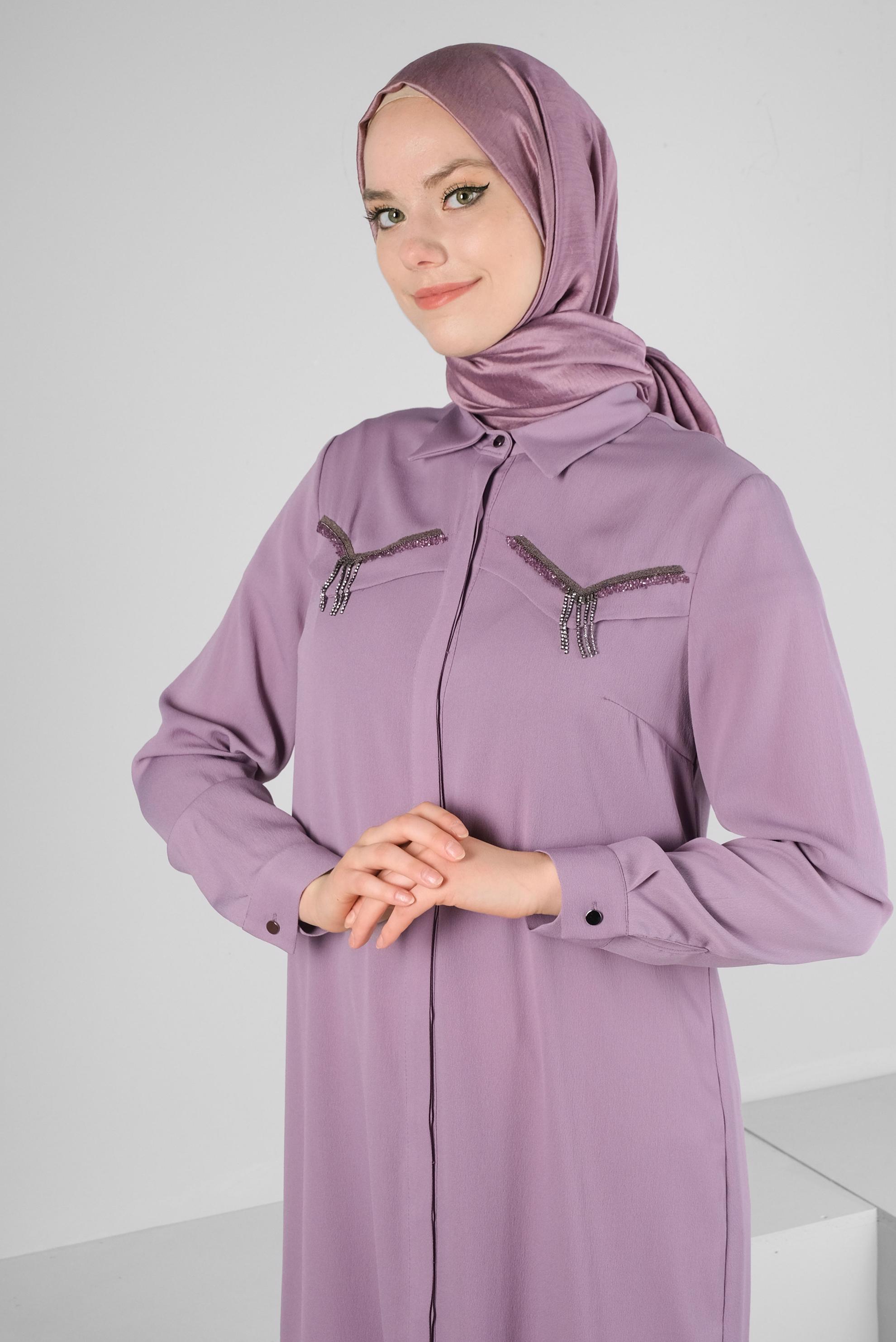 Tesettür giyim MOR ZİNCİR DETAYLI GÖMLEK YAKA TUNİK 43531