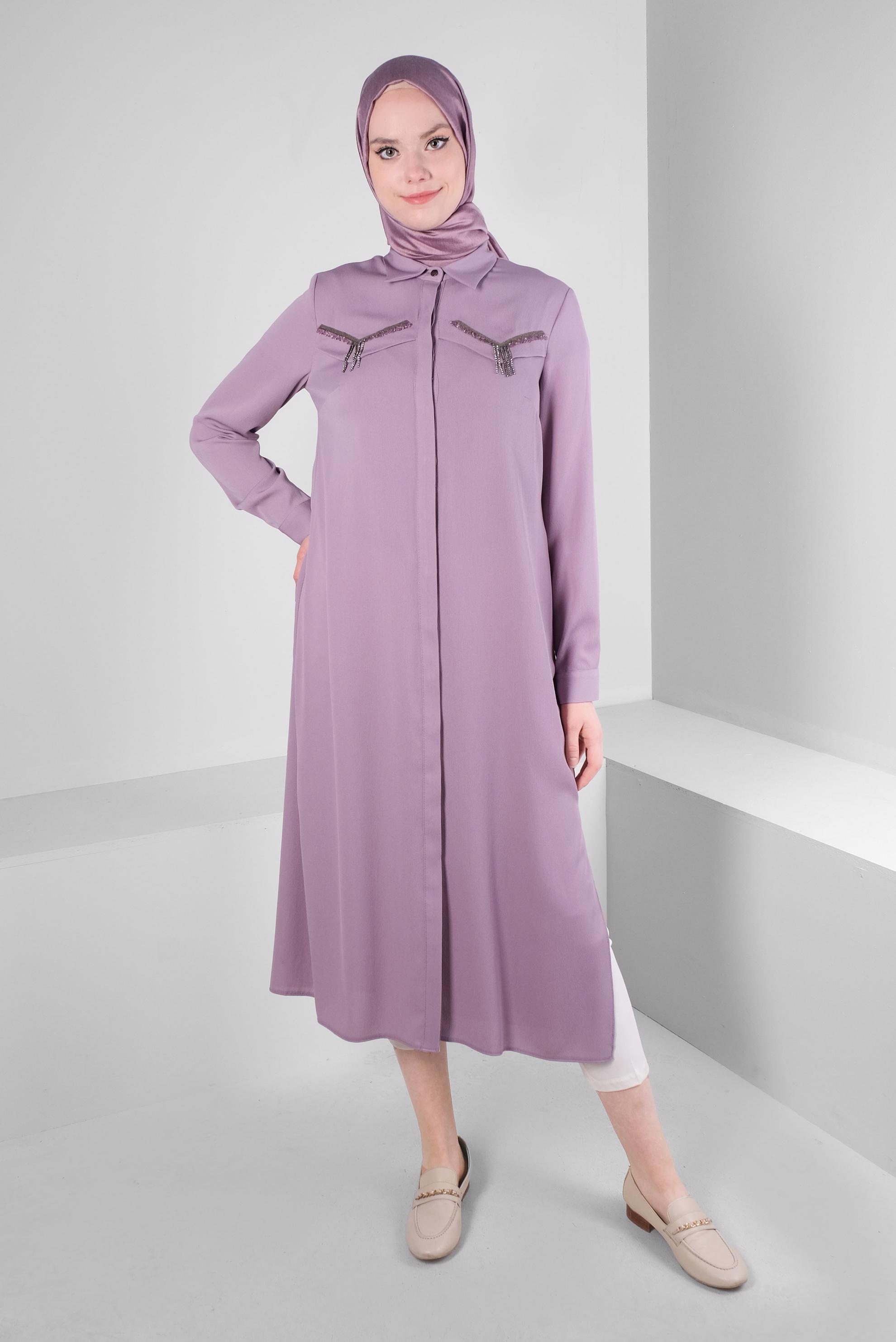 Tesettür giyim MOR ZİNCİR DETAYLI GÖMLEK YAKA TUNİK 43531